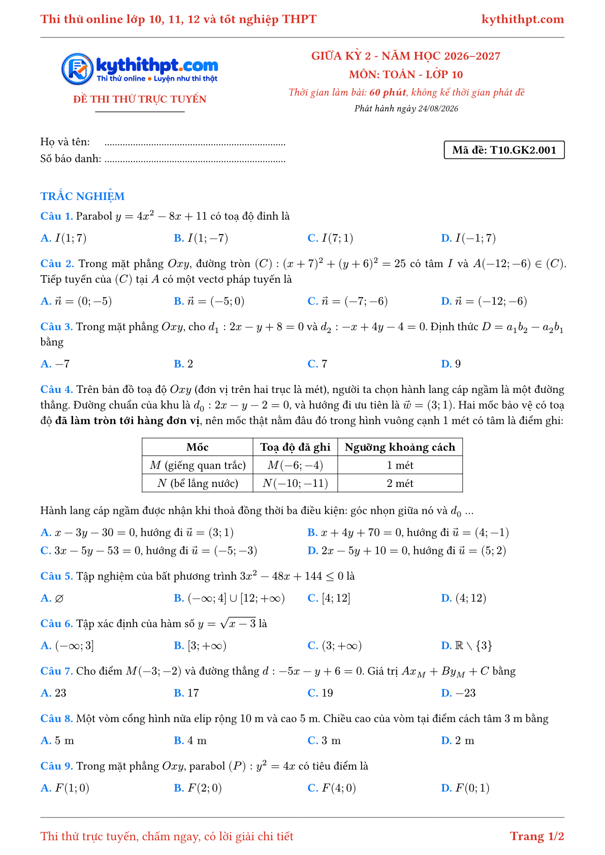 Trang đầu Đề thi thử online giữa kỳ 2 môn Toán lớp 10 - full trắc nghiệm - đề 001