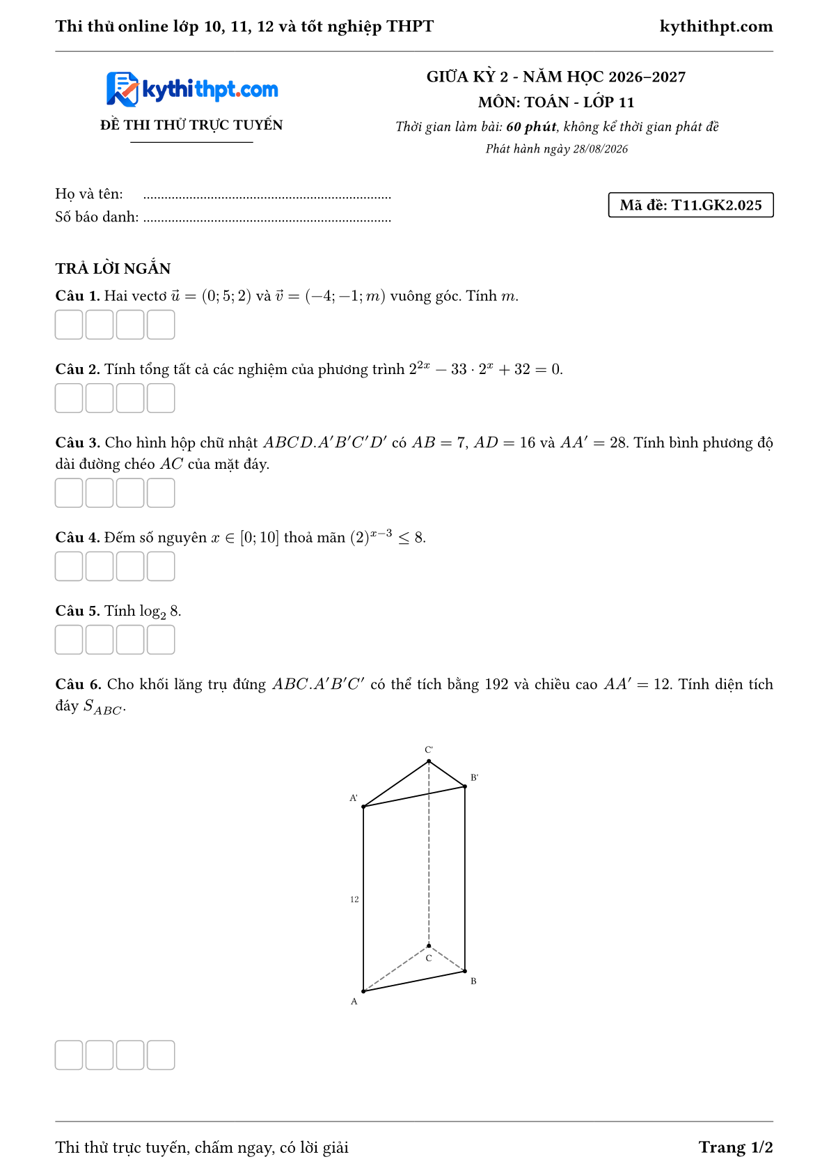 Trang đầu Đề thi thử online giữa kỳ 2 môn Toán lớp 11 - full trả lời ngắn - đề 025