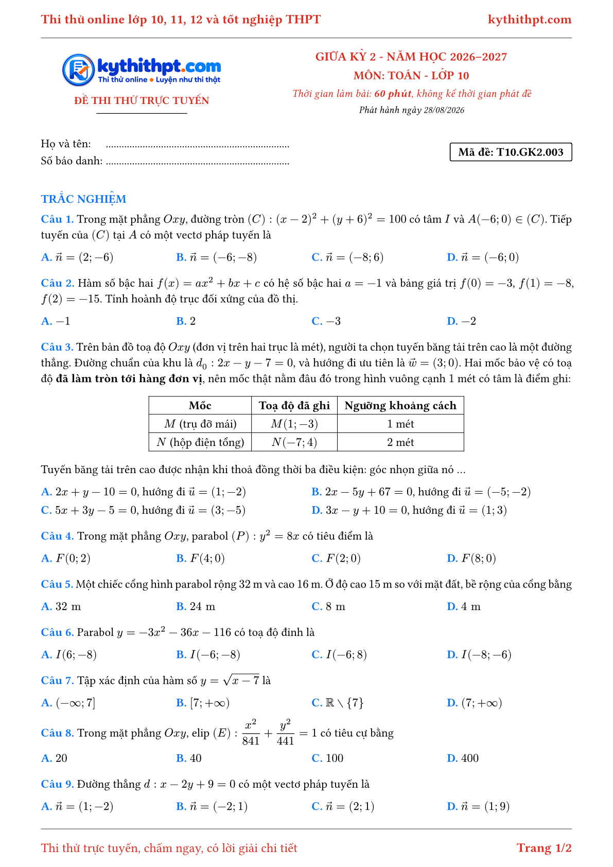 Trang đầu Đề thi thử online giữa kỳ 2 môn Toán lớp 10 - full trắc nghiệm - đề 003
