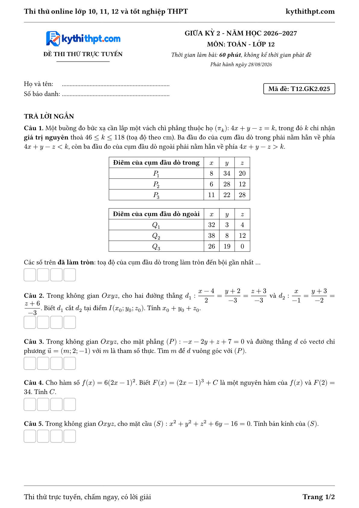 Trang đầu Đề thi thử online giữa kỳ 2 môn Toán lớp 12 - full trả lời ngắn - đề 025