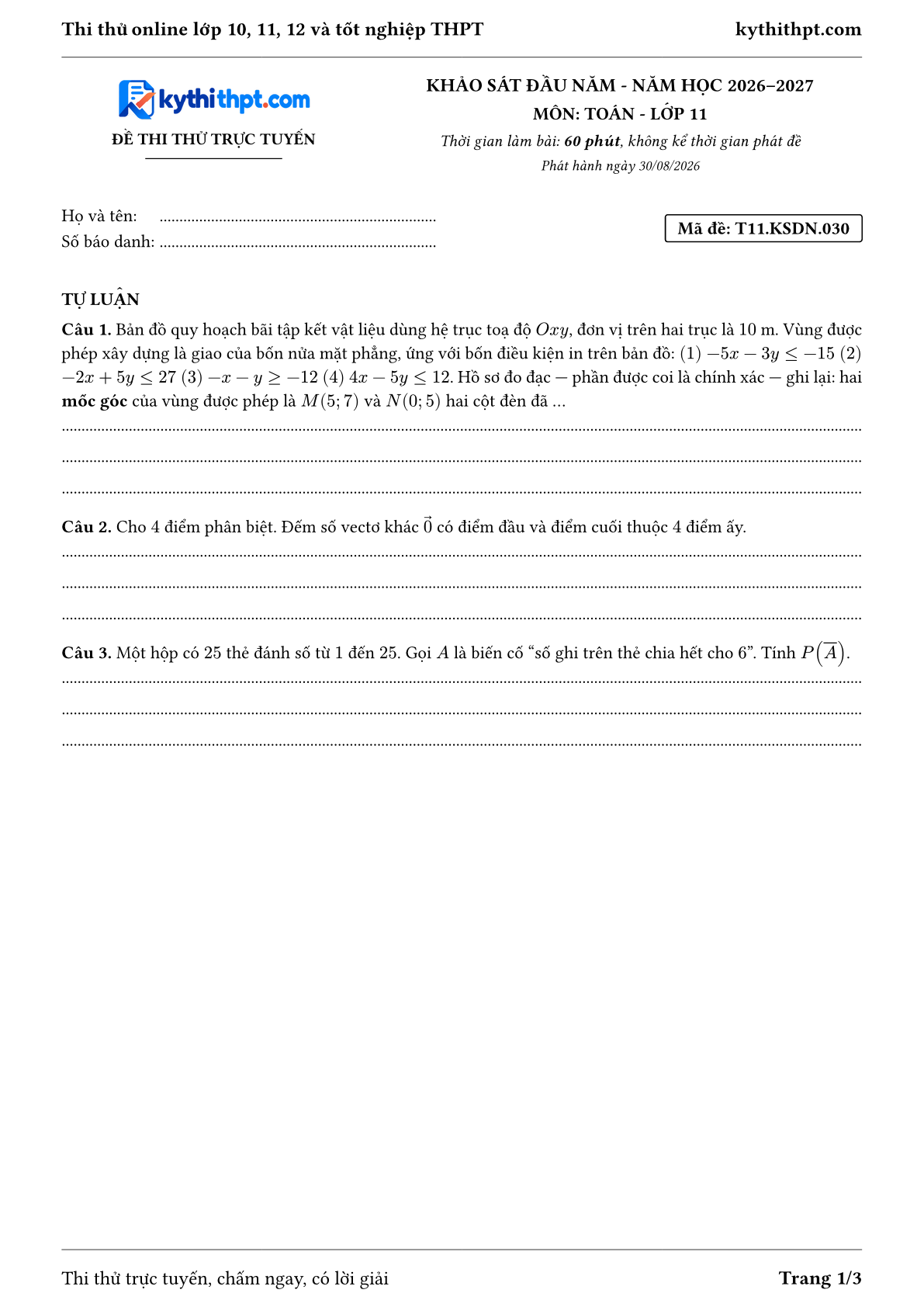 Trang đầu Đề thi thử online khảo sát đầu năm môn Toán lớp 11 - full tự luận - đề 030