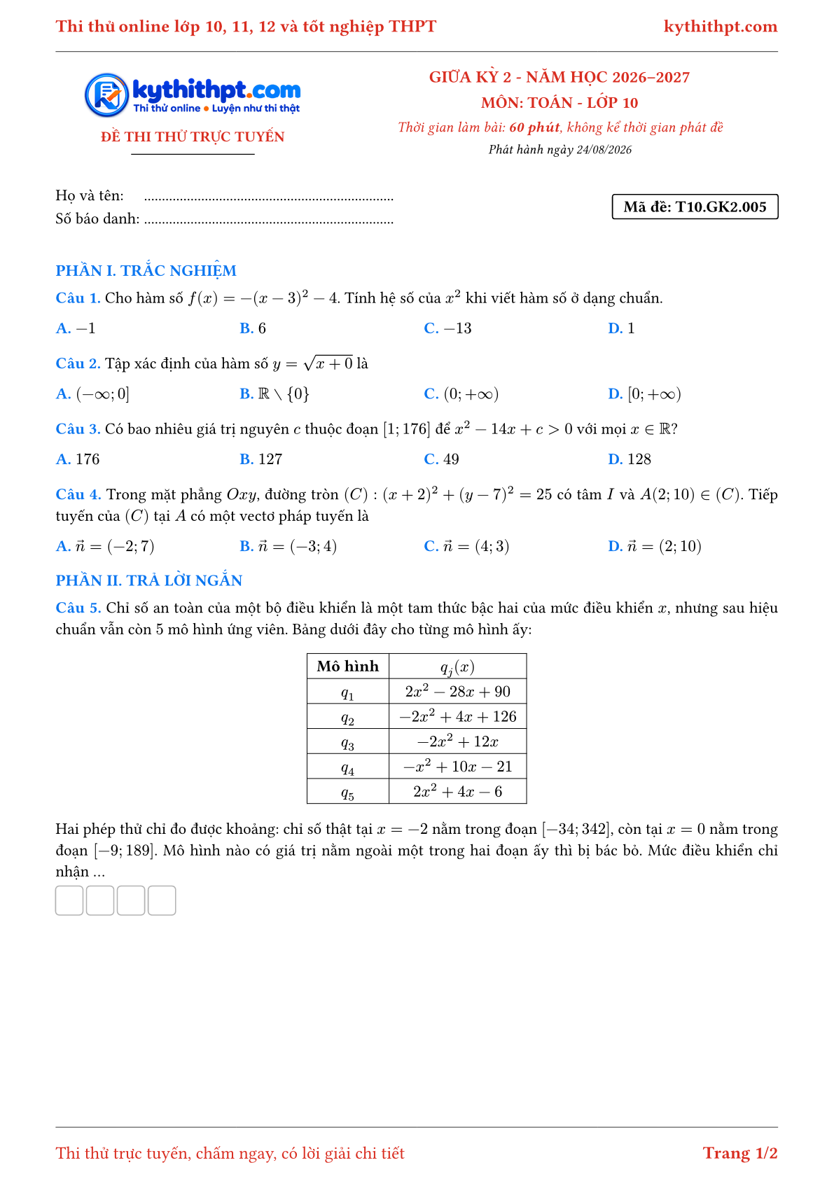 Trang đầu Đề thi thử online giữa kỳ 2 môn Toán lớp 10 - trắc nghiệm + trả lời ngắn + tự luận - đề 005