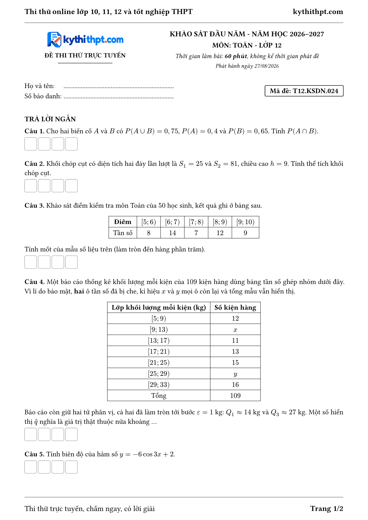 Trang đầu Đề thi thử online khảo sát đầu năm môn Toán lớp 12 - full trả lời ngắn - đề 024