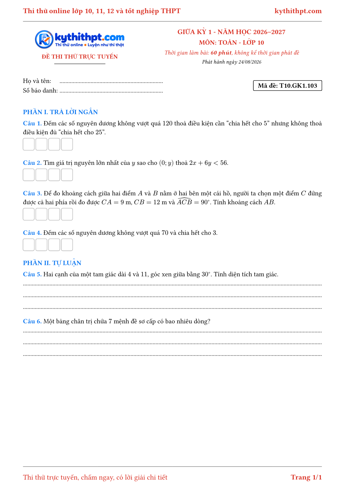 Trang đầu Đề thi thử online giữa kỳ 1 môn Toán lớp 10 - trả lời ngắn + tự luận - đề 105