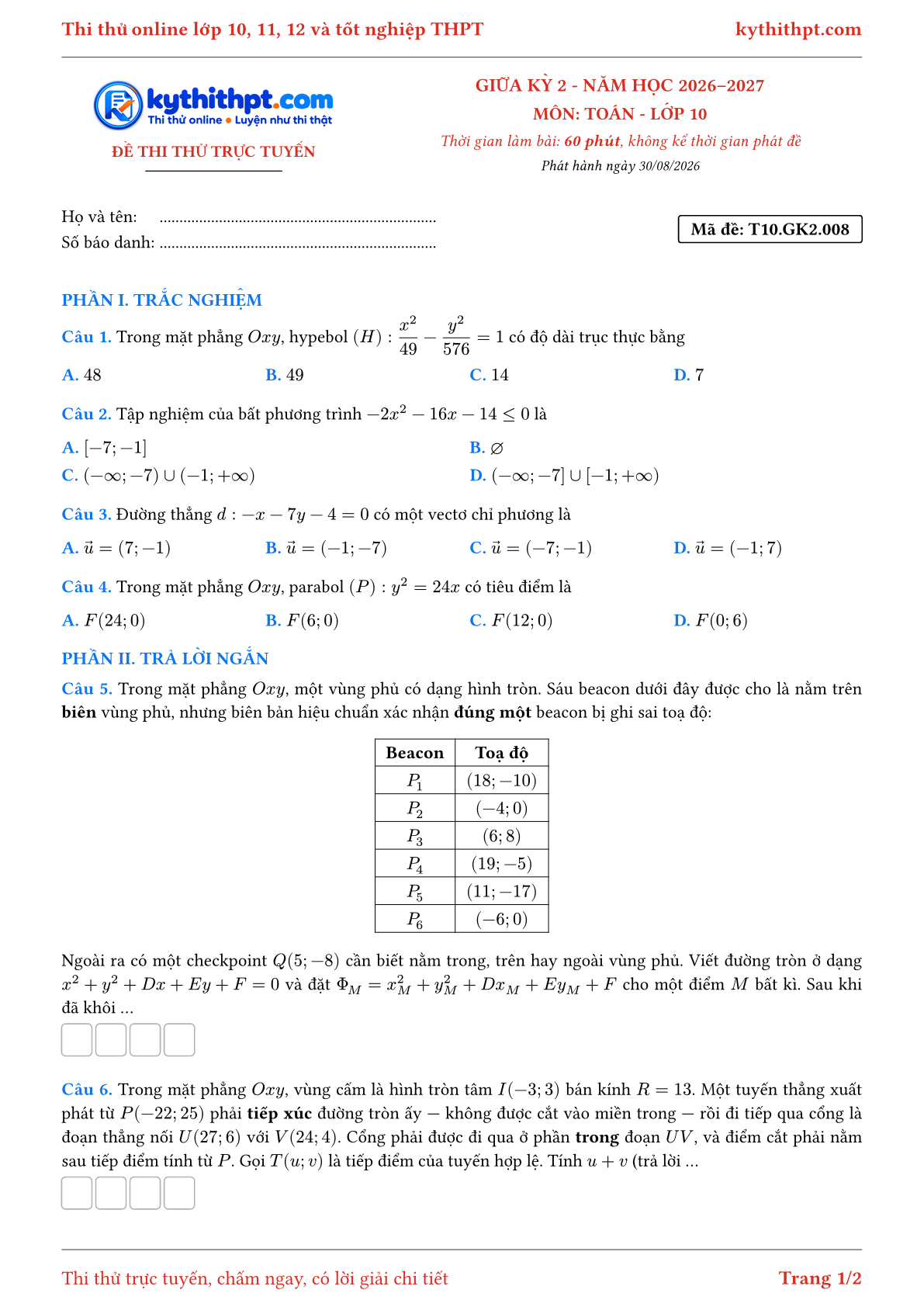 Trang đầu Đề thi thử online giữa kỳ 2 môn Toán lớp 10 - trắc nghiệm + trả lời ngắn + tự luận - đề 008