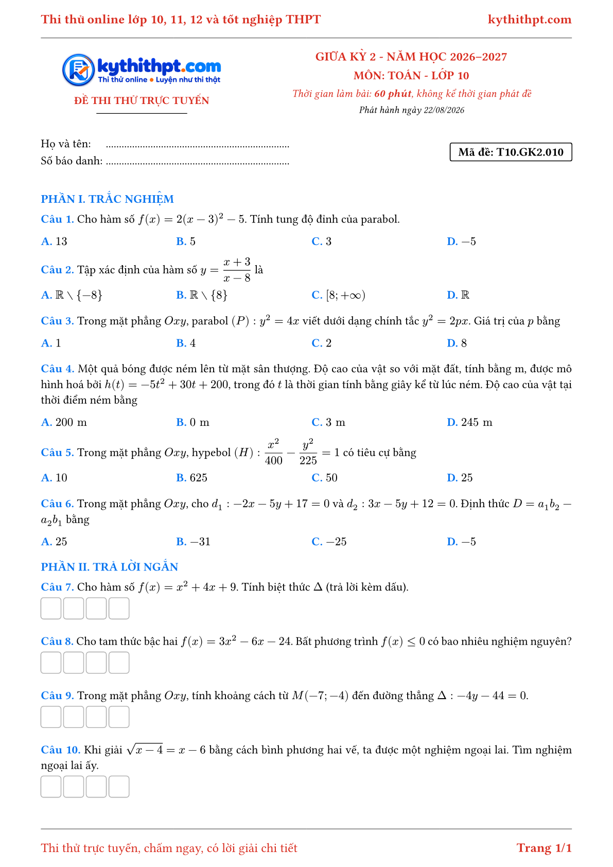 Trang đầu Đề thi thử online giữa kỳ 2 môn Toán lớp 10 - trắc nghiệm + trả lời ngắn - đề 010