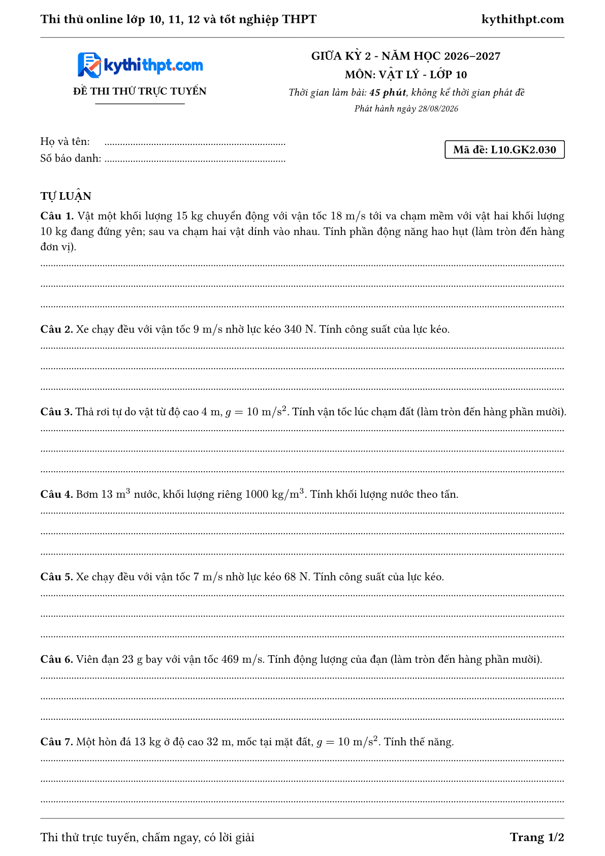 Trang đầu Đề thi thử online giữa kỳ 2 môn Vật lý lớp 10 - full tự luận - đề 030
