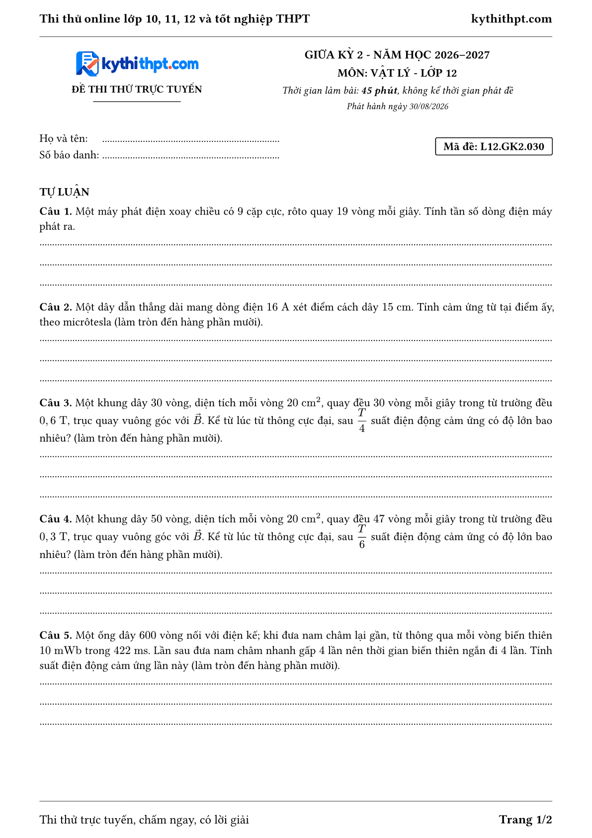Trang đầu Đề thi thử online giữa kỳ 2 môn Vật lý lớp 12 - full tự luận - đề 030