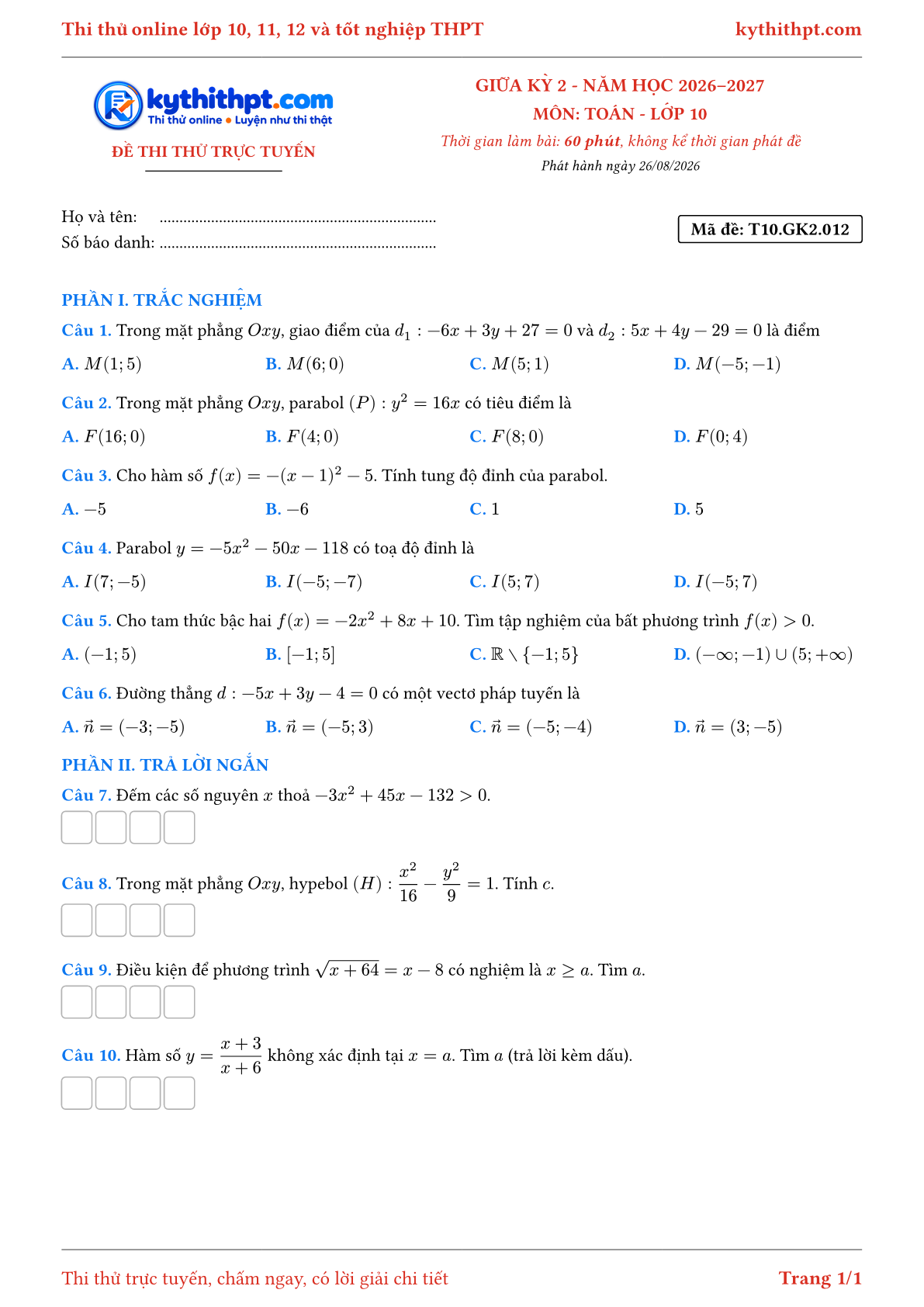 Trang đầu Đề thi thử online giữa kỳ 2 môn Toán lớp 10 - trắc nghiệm + trả lời ngắn - đề 012