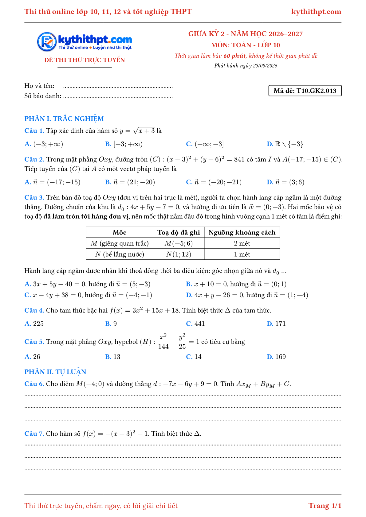 Trang đầu Đề thi thử online giữa kỳ 2 môn Toán lớp 10 - trắc nghiệm + tự luận - đề 013