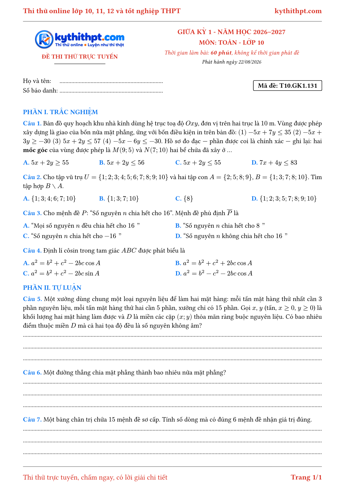 Trang đầu Đề thi thử online giữa kỳ 1 môn Toán lớp 10 - trắc nghiệm + tự luận nâng cao - đề 133