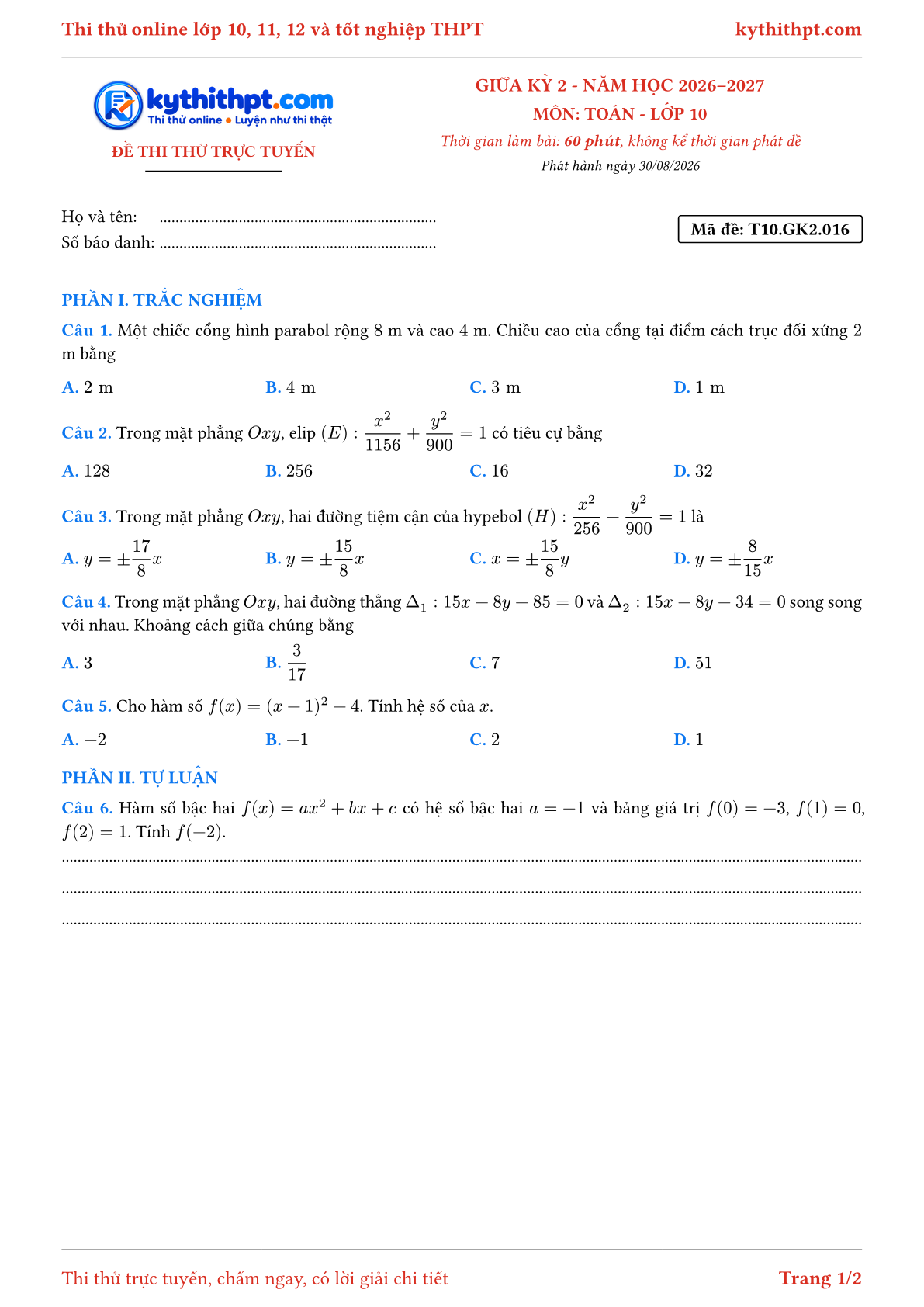 Trang đầu Đề thi thử online giữa kỳ 2 môn Toán lớp 10 - trắc nghiệm + tự luận - đề 016