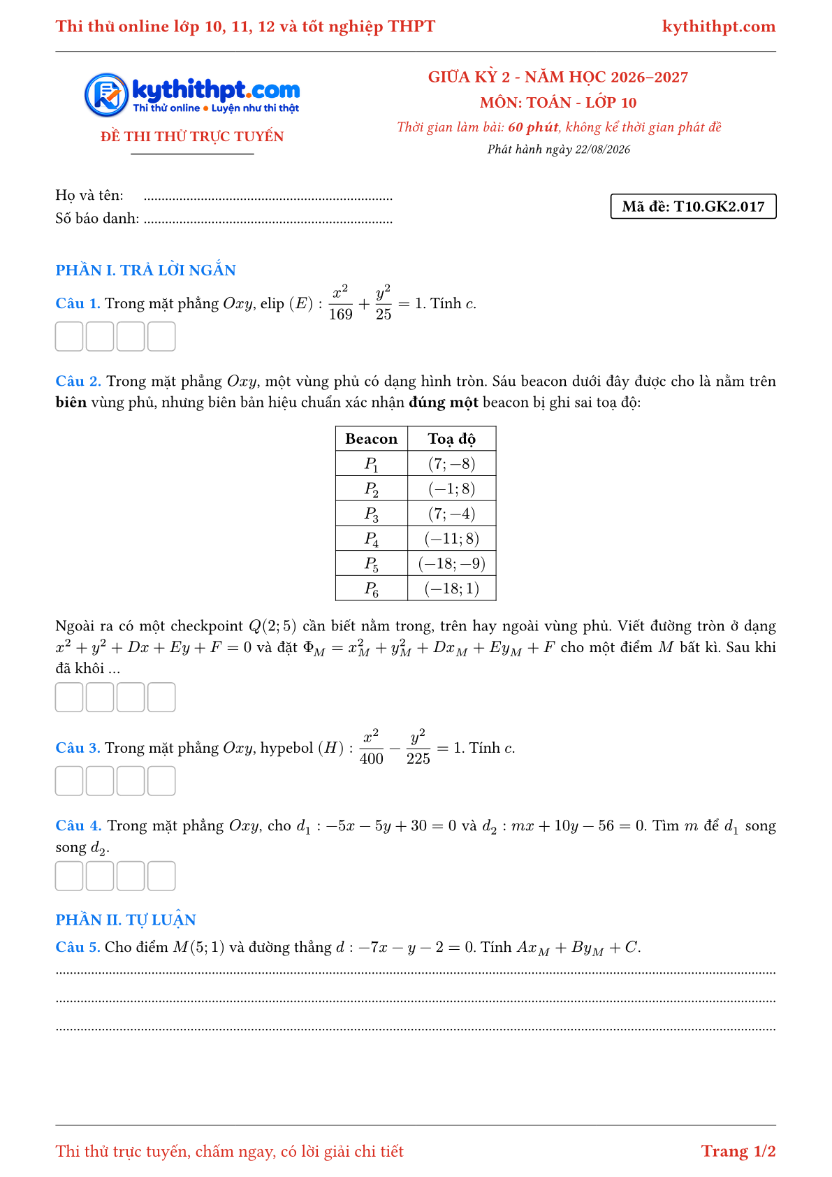 Trang đầu Đề thi thử online giữa kỳ 2 môn Toán lớp 10 - trả lời ngắn + tự luận - đề 017
