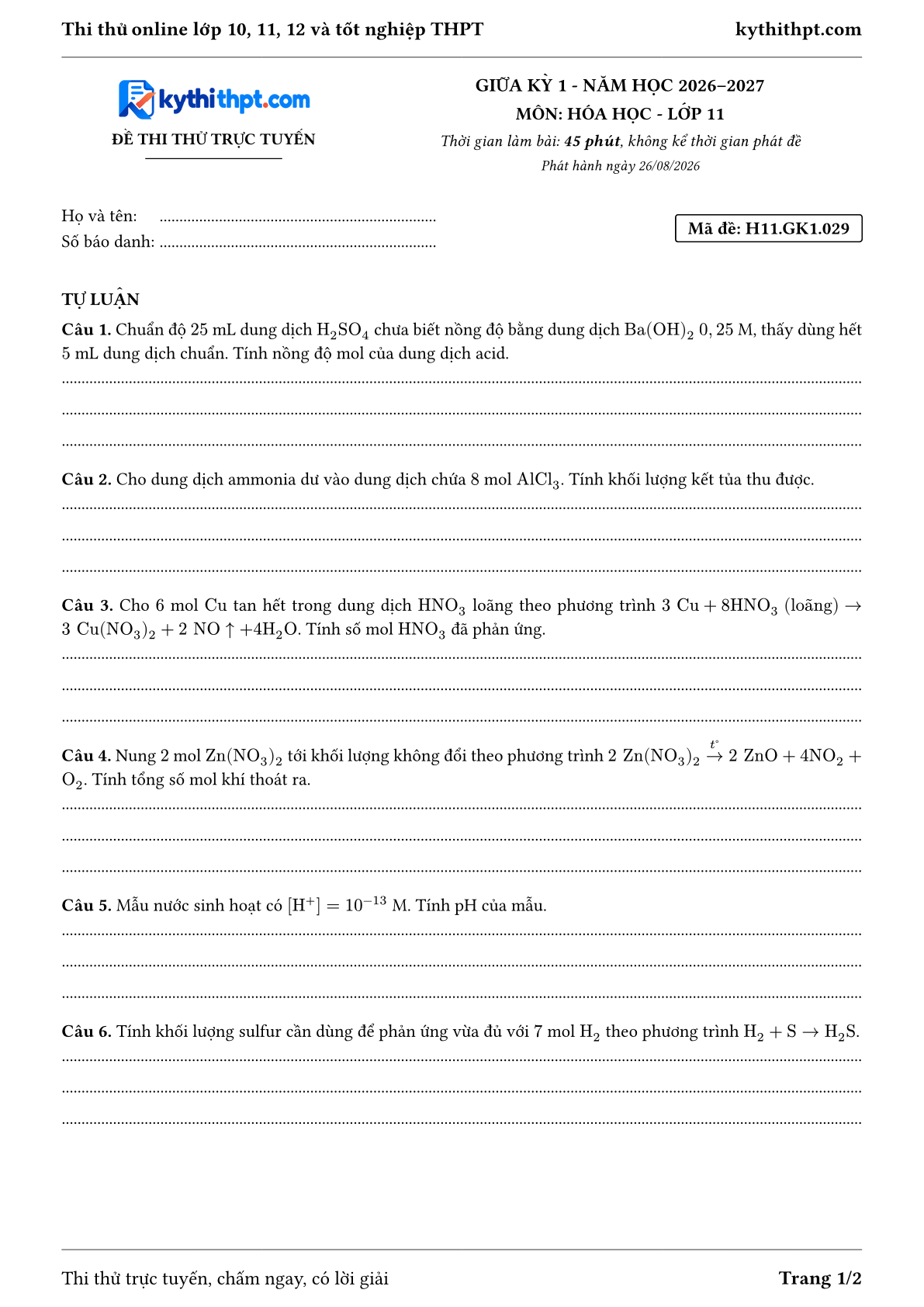 Trang đầu Đề thi thử online giữa kỳ 1 môn Hóa học lớp 11 - full tự luận - đề 029