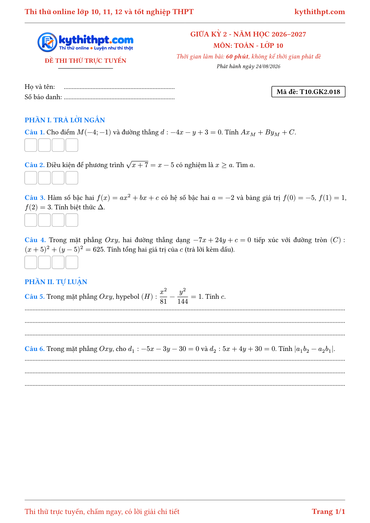 Trang đầu Đề thi thử online giữa kỳ 2 môn Toán lớp 10 - trả lời ngắn + tự luận - đề 018