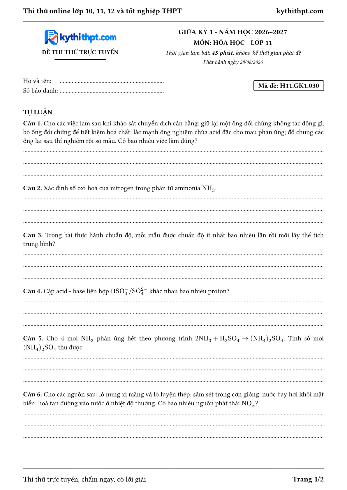 Trang đầu Đề thi thử online giữa kỳ 1 môn Hóa học lớp 11 - full tự luận - đề 030