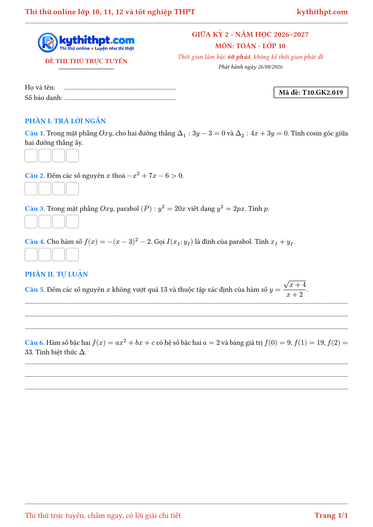 Trang đầu Đề thi thử online giữa kỳ 2 môn Toán lớp 10 - trả lời ngắn + tự luận - đề 019
