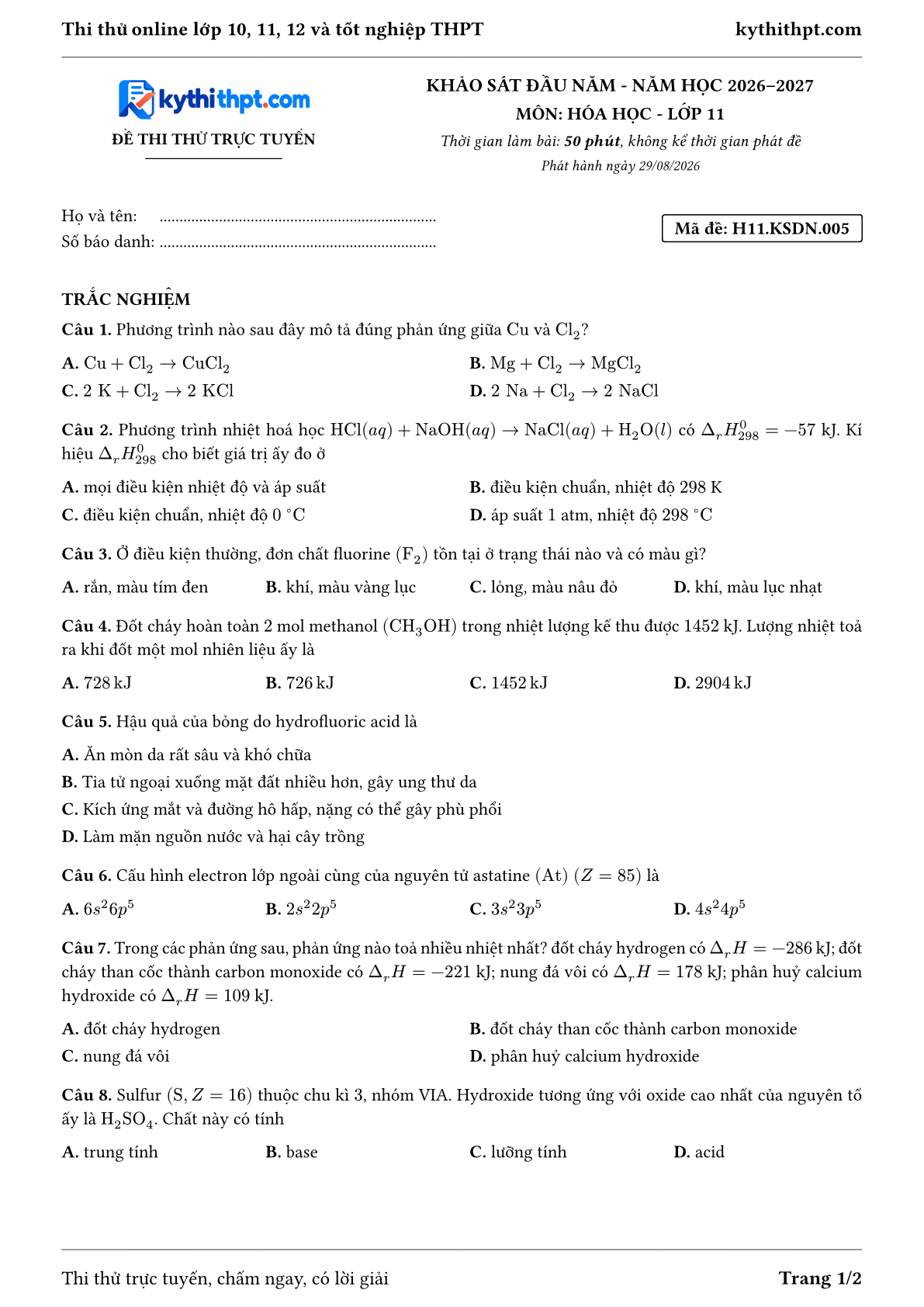 Trang đầu Đề thi thử online khảo sát đầu năm môn Hóa học lớp 11 - full trắc nghiệm - đề 005