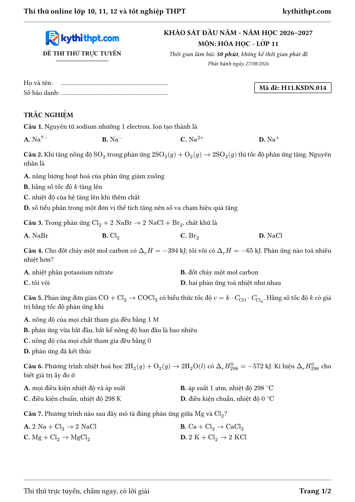 Trang đầu Đề thi thử online khảo sát đầu năm môn Hóa học lớp 11 - trắc nghiệm + trả lời ngắn + tự luận - đề 014