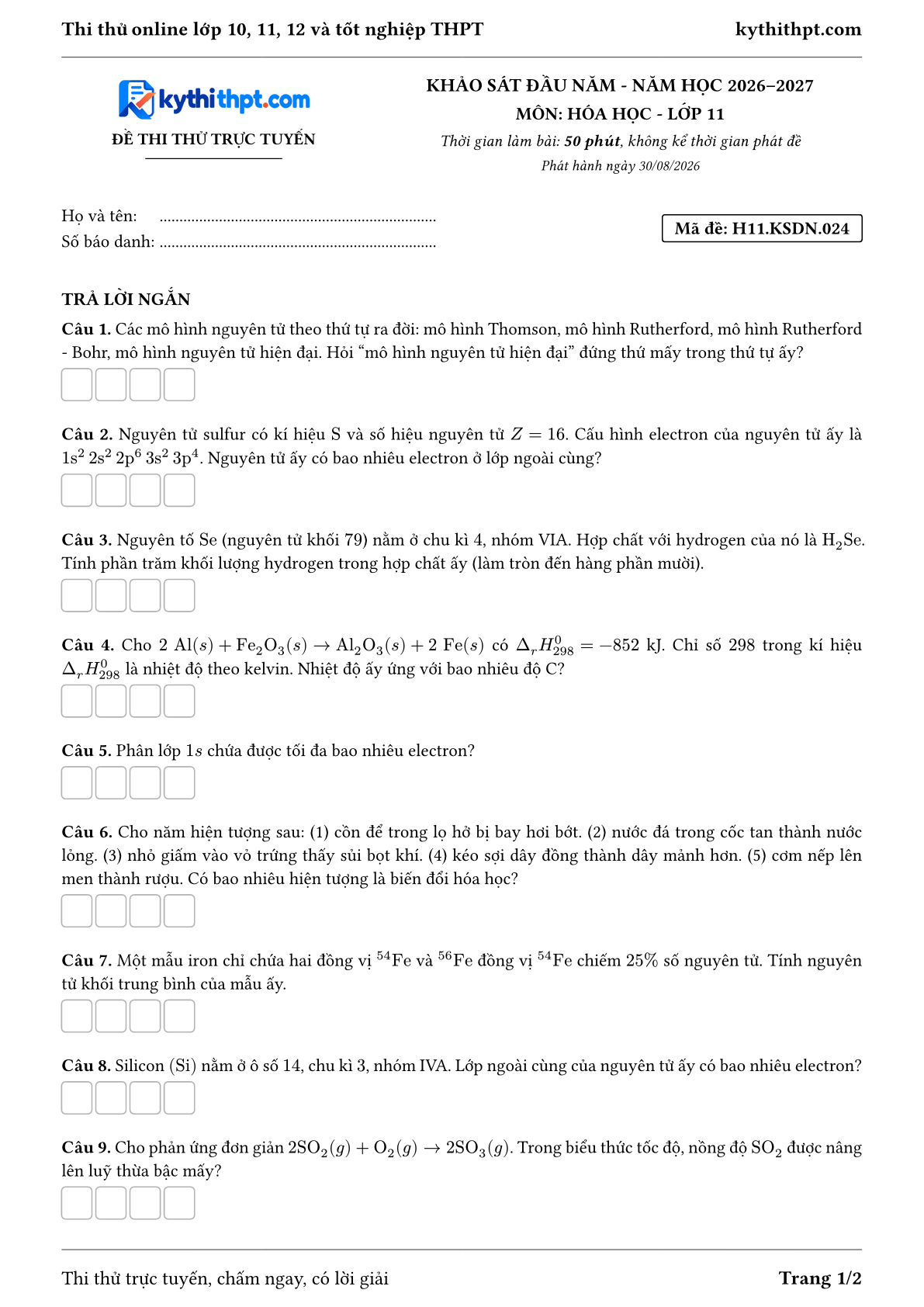 Trang đầu Đề thi thử online khảo sát đầu năm môn Hóa học lớp 11 - full trả lời ngắn - đề 024