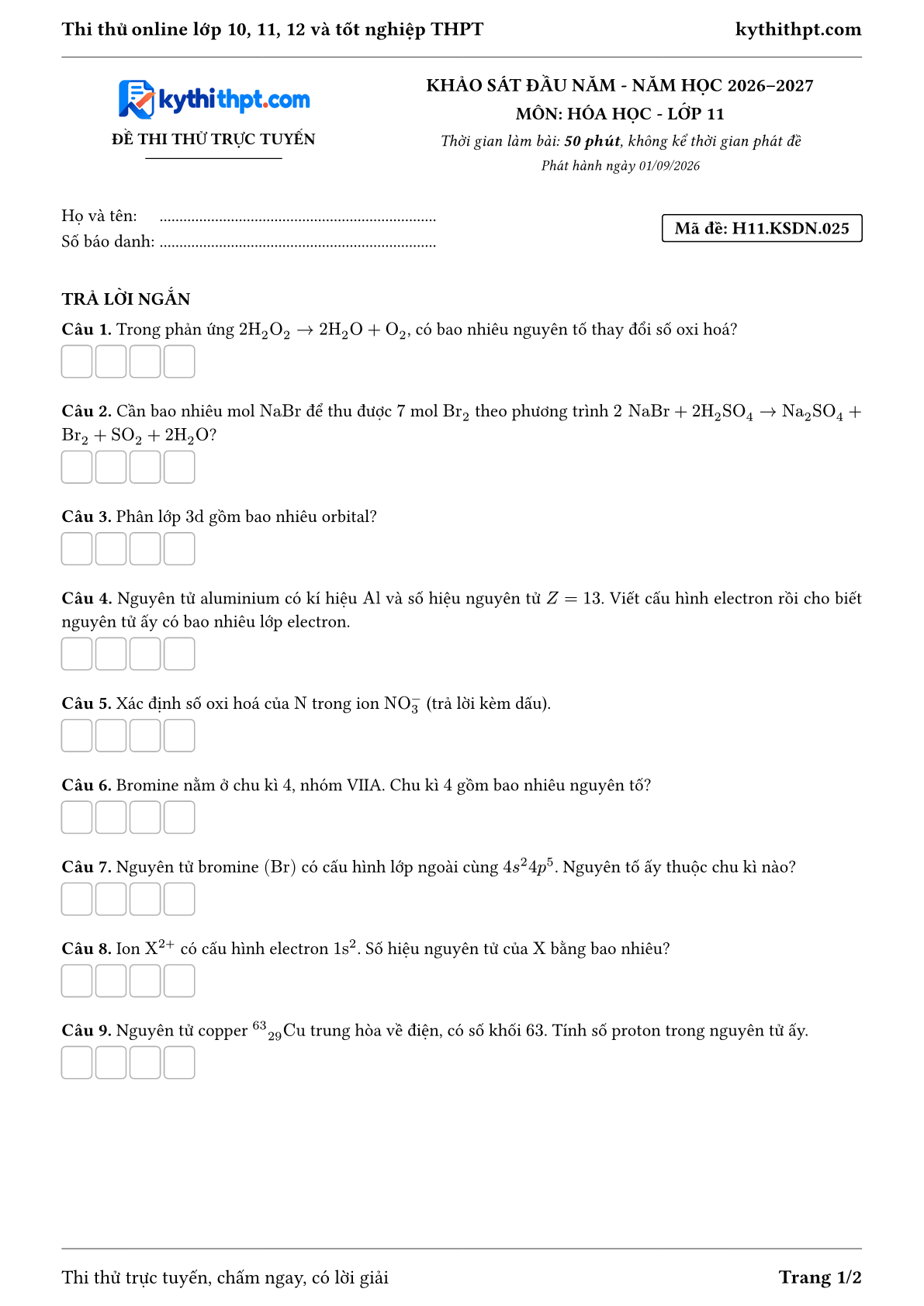 Trang đầu Đề thi thử online khảo sát đầu năm môn Hóa học lớp 11 - full trả lời ngắn - đề 025