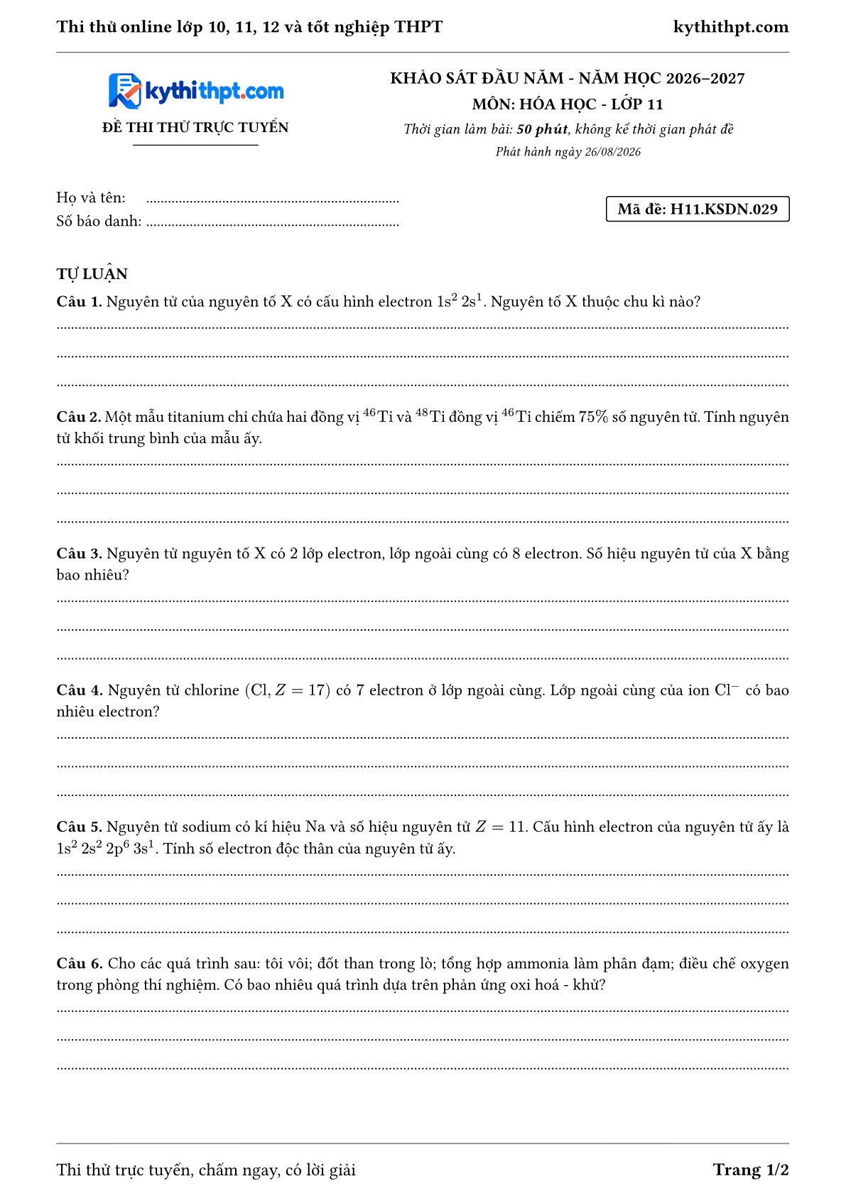 Trang đầu Đề thi thử online khảo sát đầu năm môn Hóa học lớp 11 - full tự luận - đề 029