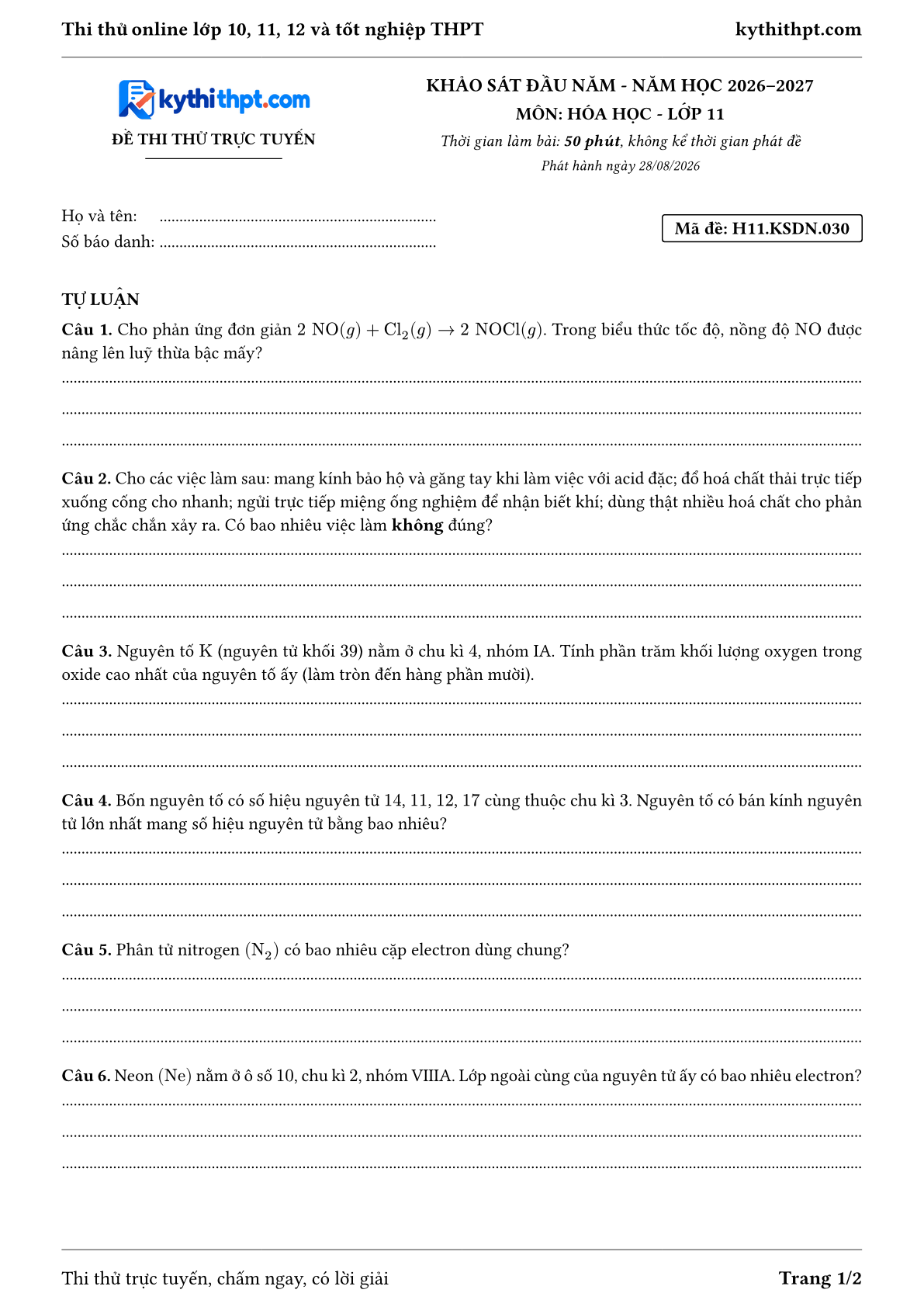 Trang đầu Đề thi thử online khảo sát đầu năm môn Hóa học lớp 11 - full tự luận - đề 030