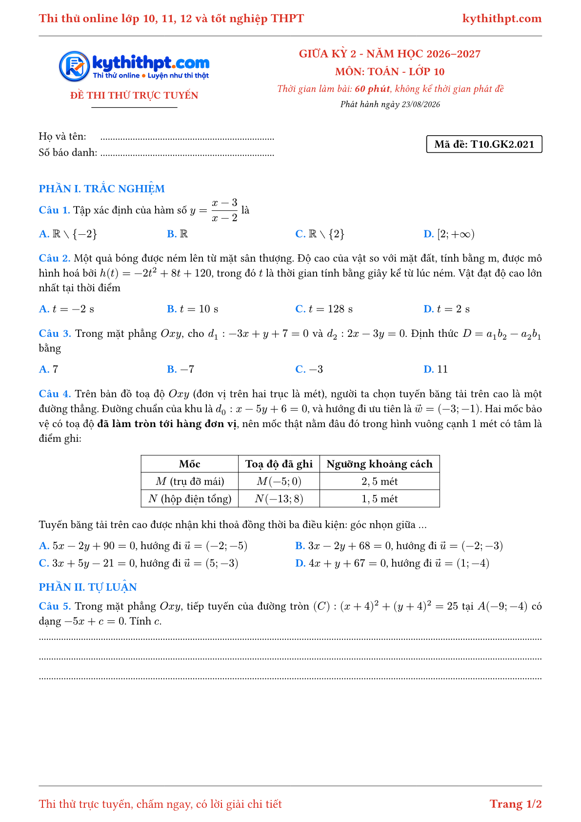 Trang đầu Đề thi thử online giữa kỳ 2 môn Toán lớp 10 - trắc nghiệm + tự luận nâng cao - đề 021