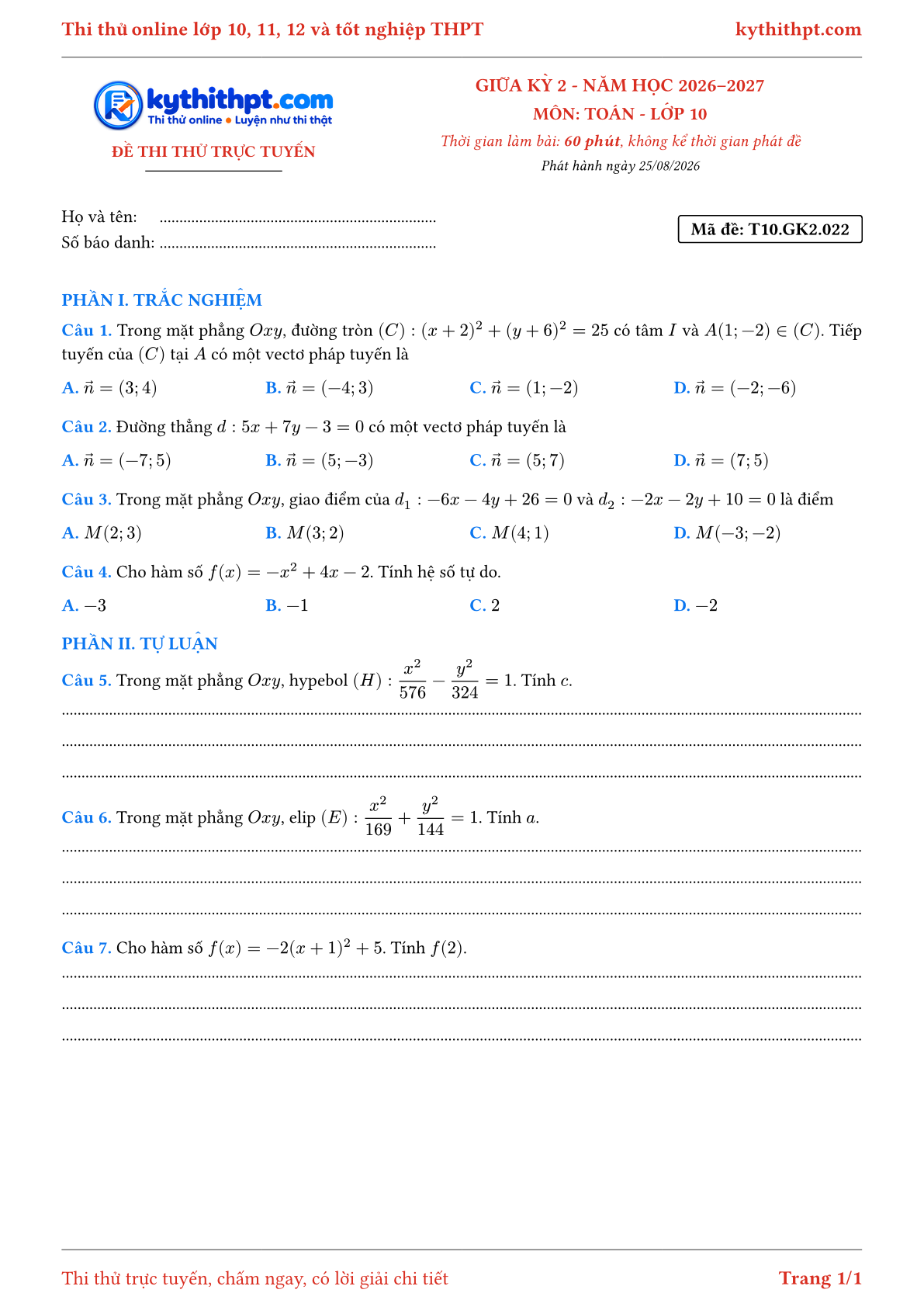 Trang đầu Đề thi thử online giữa kỳ 2 môn Toán lớp 10 - trắc nghiệm + tự luận nâng cao - đề 022