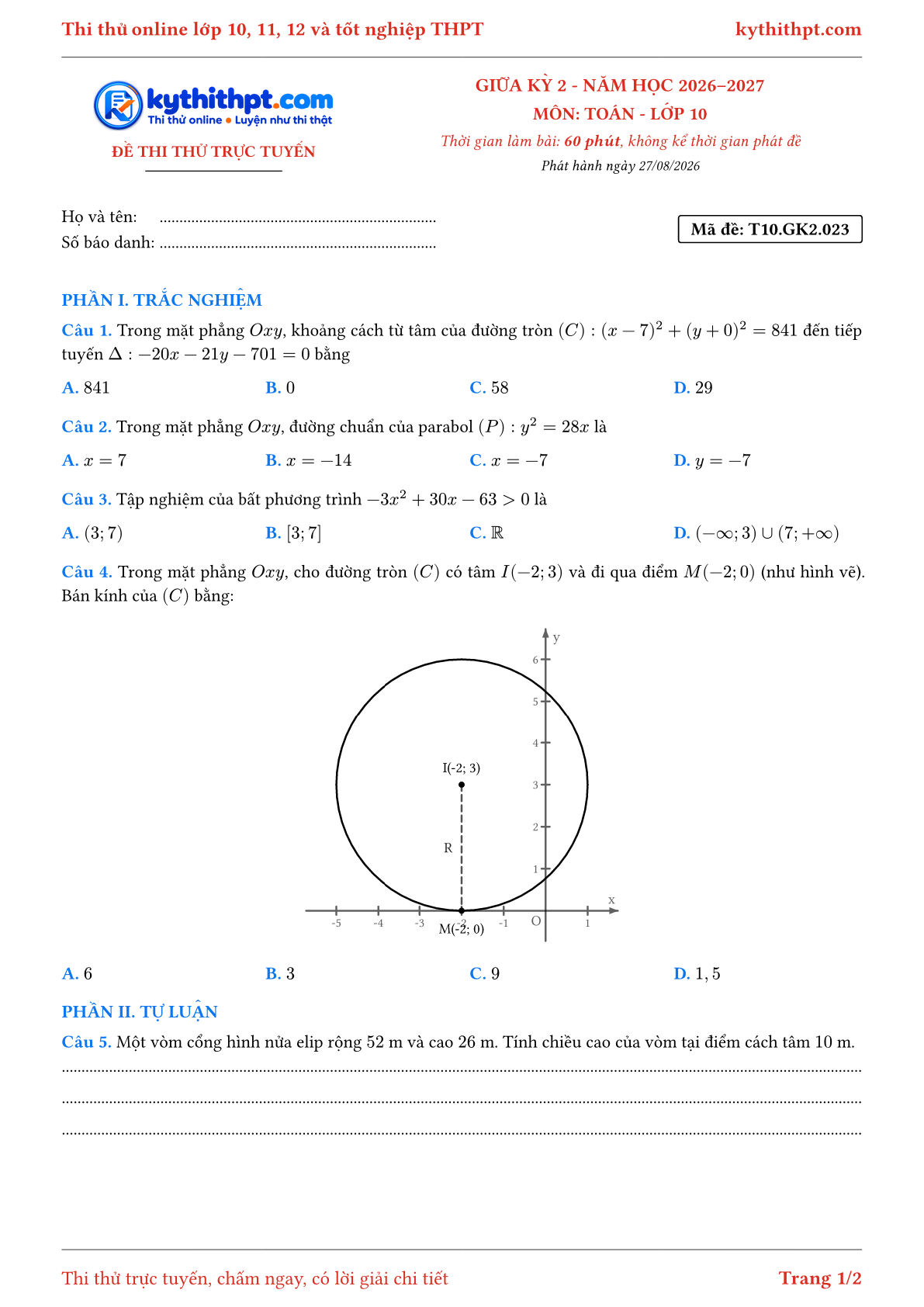 Trang đầu Đề thi thử online giữa kỳ 2 môn Toán lớp 10 - trắc nghiệm + tự luận nâng cao - đề 023