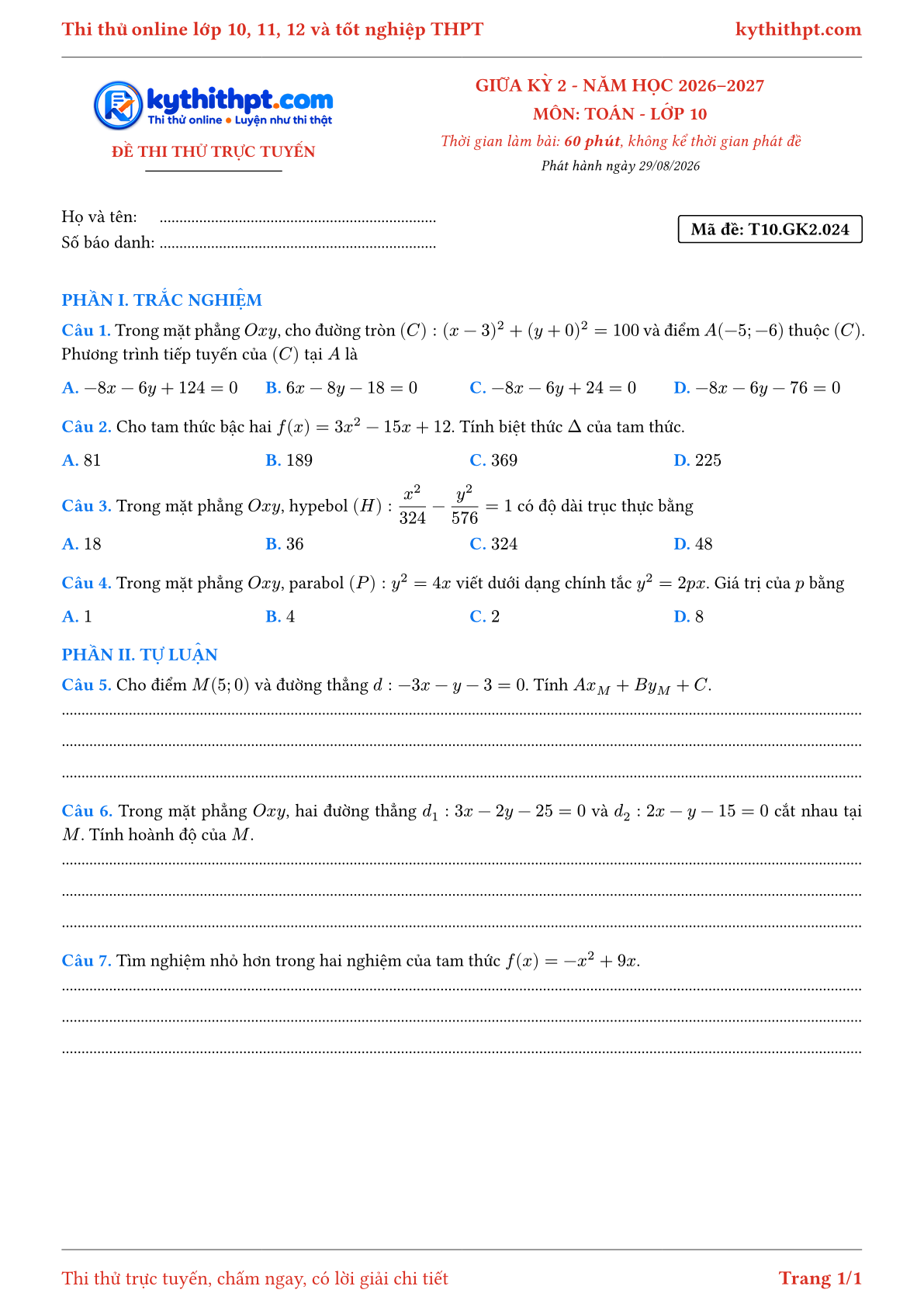 Trang đầu Đề thi thử online giữa kỳ 2 môn Toán lớp 10 - trắc nghiệm + tự luận nâng cao - đề 024