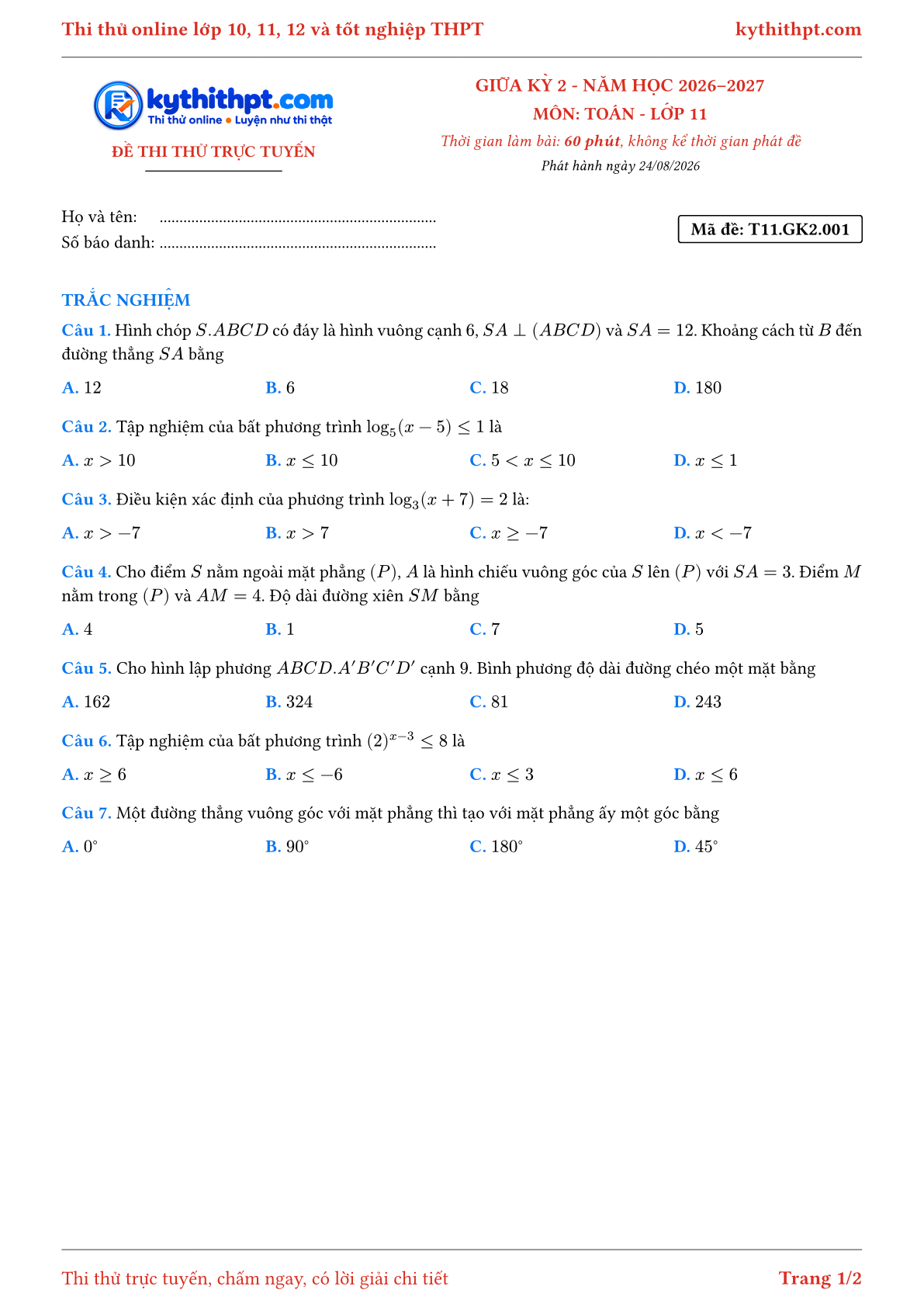 Trang đầu Đề thi thử online giữa kỳ 2 môn Toán lớp 11 - full trắc nghiệm - đề 001