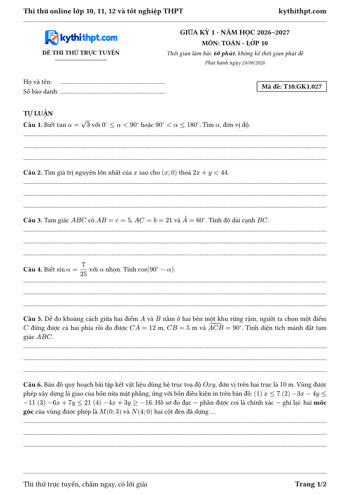 Trang đầu Đề thi thử online giữa kỳ 1 môn Toán lớp 10 - full tự luận - đề 027