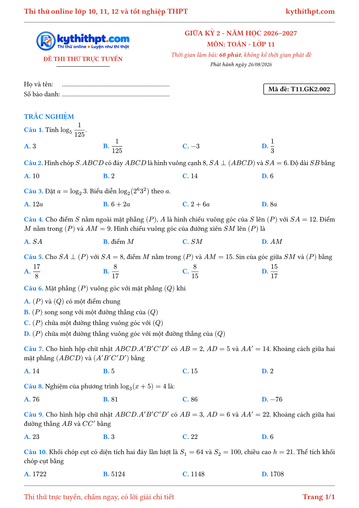 Trang đầu Đề thi thử online giữa kỳ 2 môn Toán lớp 11 - full trắc nghiệm - đề 002