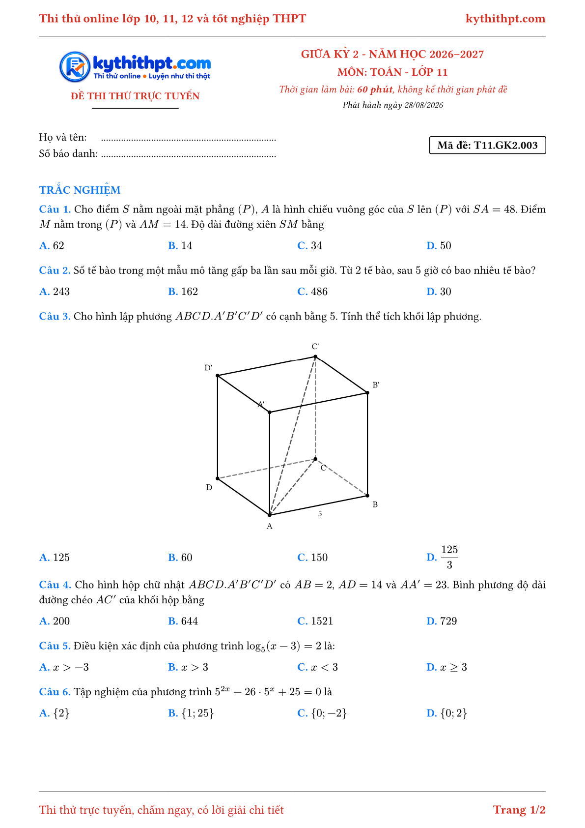 Trang đầu Đề thi thử online giữa kỳ 2 môn Toán lớp 11 - full trắc nghiệm - đề 003