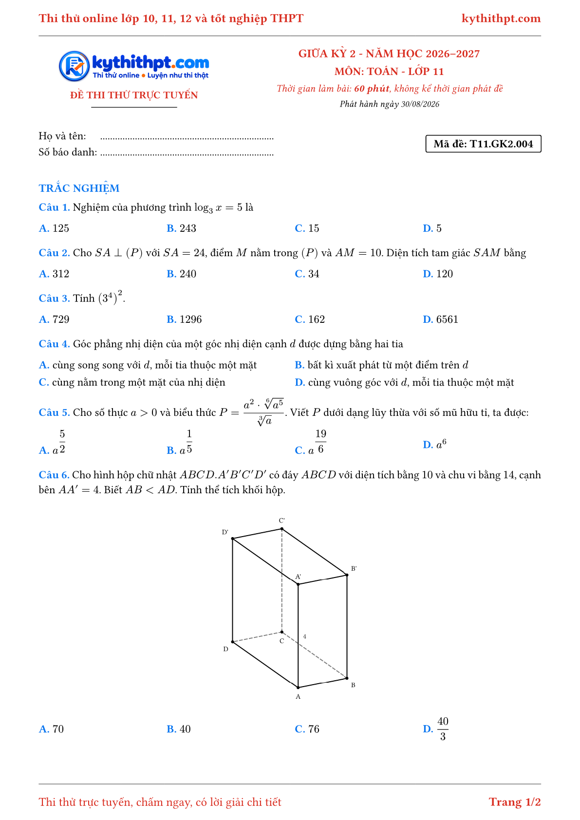 Trang đầu Đề thi thử online giữa kỳ 2 môn Toán lớp 11 - full trắc nghiệm - đề 004
