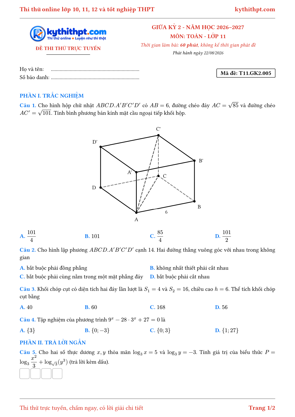 Trang đầu Đề thi thử online giữa kỳ 2 môn Toán lớp 11 - trắc nghiệm + trả lời ngắn + tự luận - đề 005