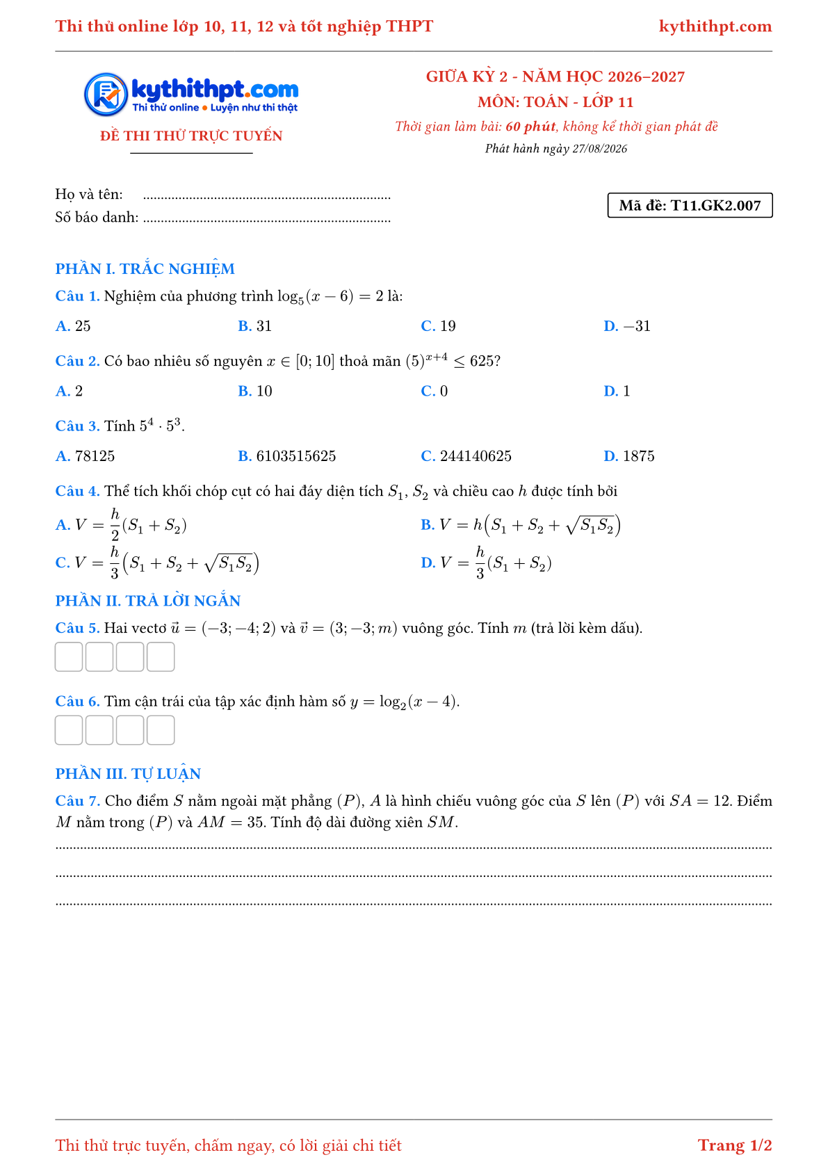 Trang đầu Đề thi thử online giữa kỳ 2 môn Toán lớp 11 - trắc nghiệm + trả lời ngắn + tự luận - đề 007
