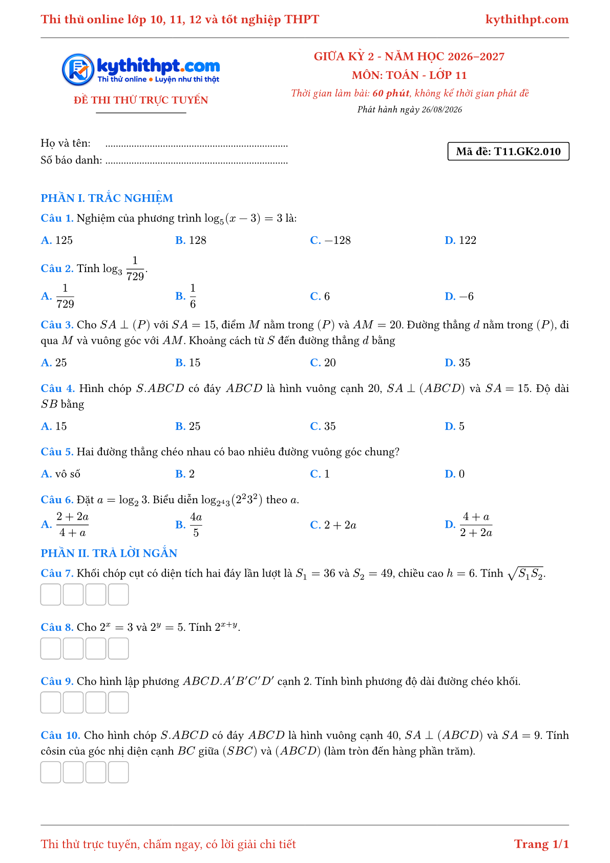 Trang đầu Đề thi thử online giữa kỳ 2 môn Toán lớp 11 - trắc nghiệm + trả lời ngắn - đề 010