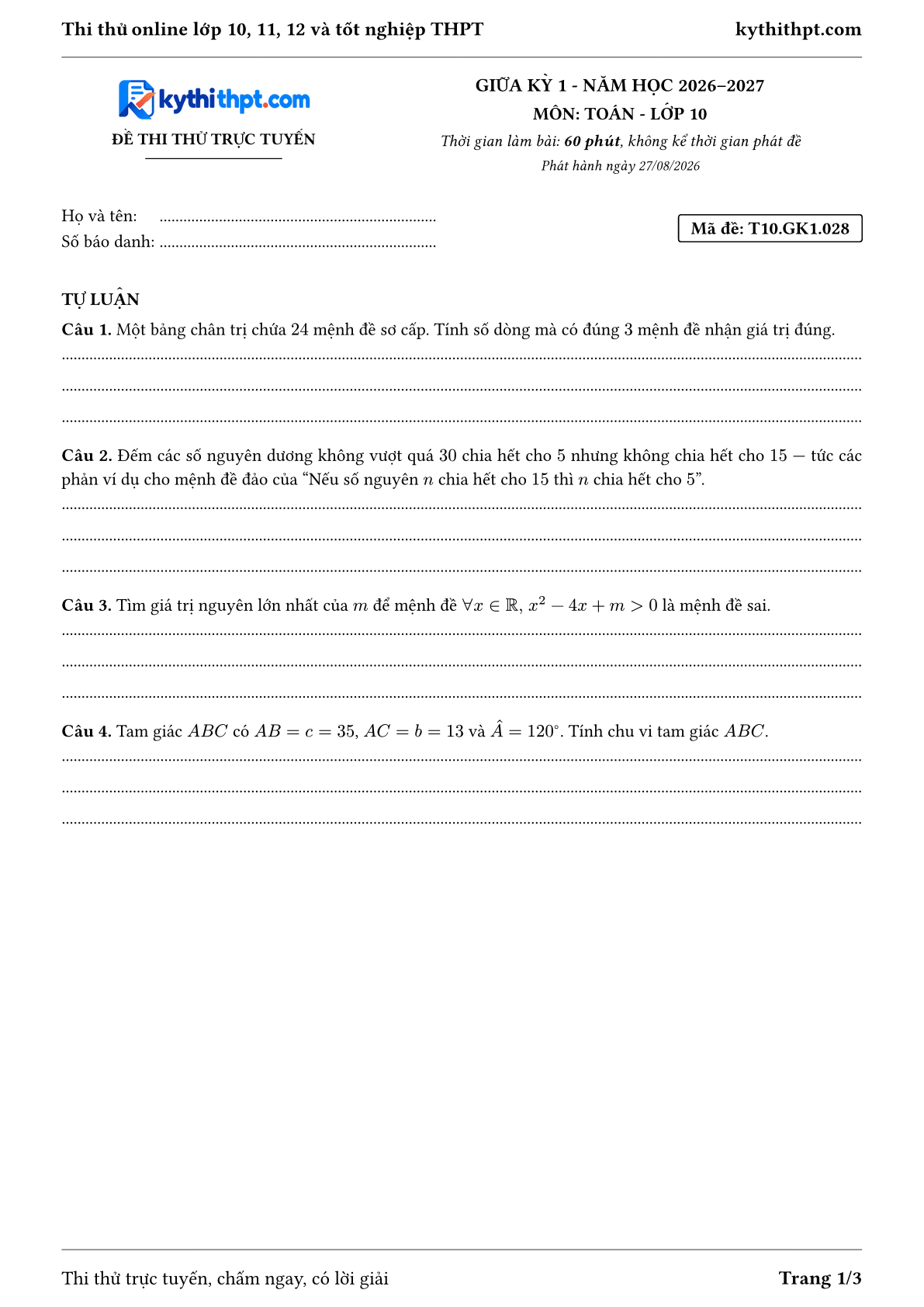 Trang đầu Đề thi thử online giữa kỳ 1 môn Toán lớp 10 - full tự luận - đề 028