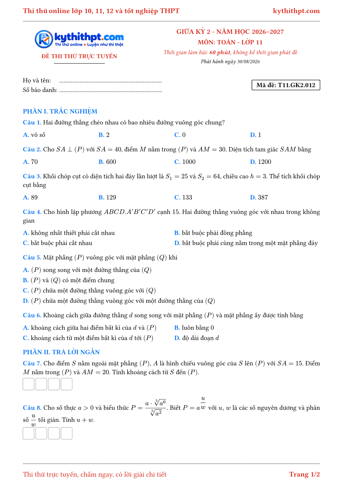Trang đầu Đề thi thử online giữa kỳ 2 môn Toán lớp 11 - trắc nghiệm + trả lời ngắn - đề 012
