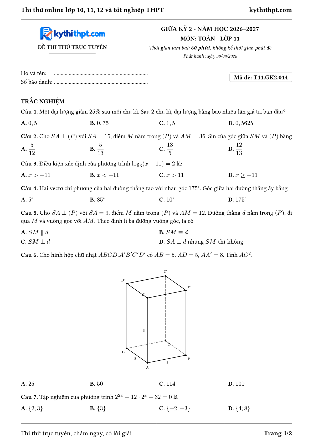 Trang đầu Đề thi thử online giữa kỳ 2 môn Toán lớp 11 - trắc nghiệm + đúng/sai + trả lời ngắn - đề 014