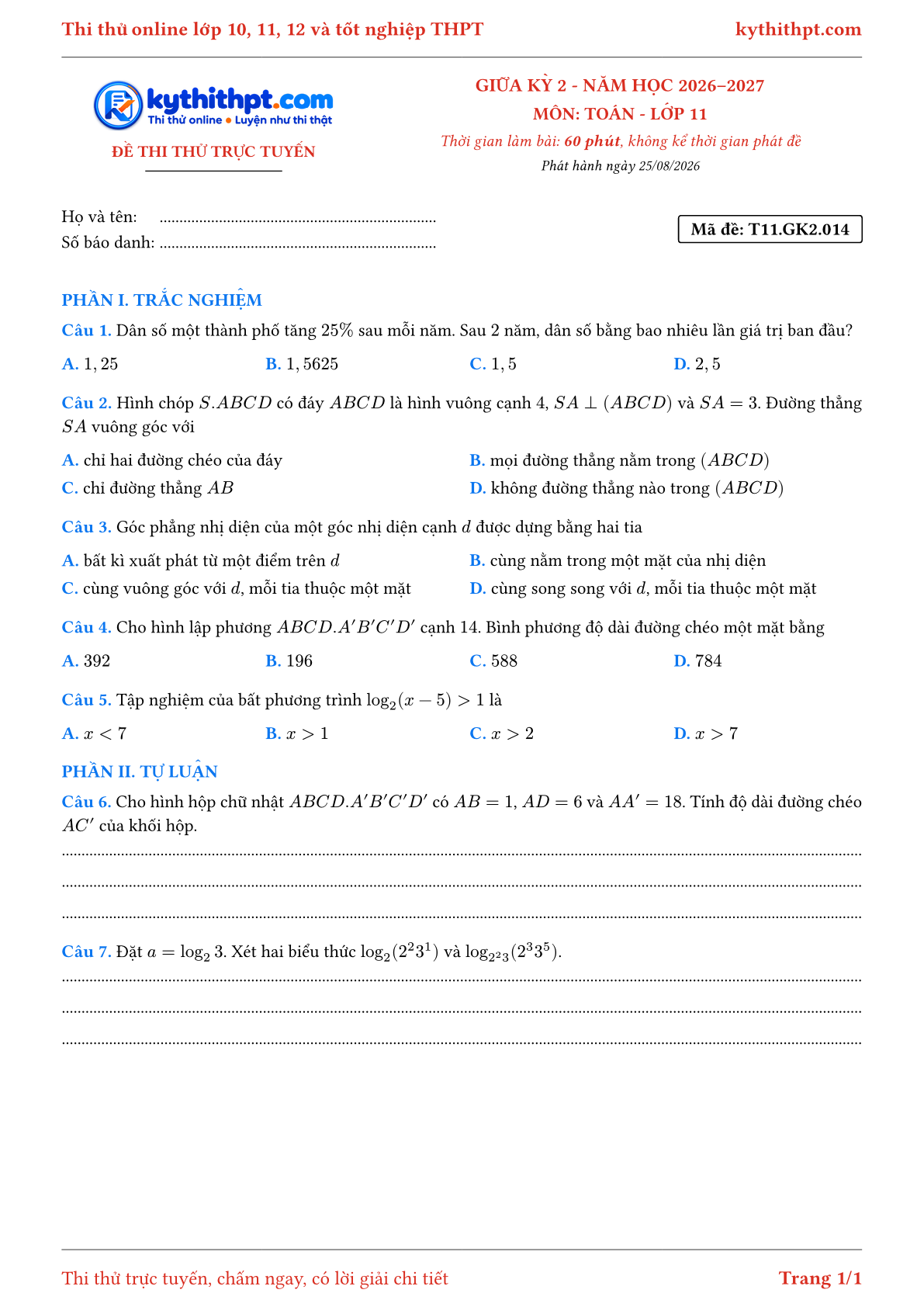Trang đầu Đề thi thử online giữa kỳ 2 môn Toán lớp 11 - trắc nghiệm + tự luận - đề 014