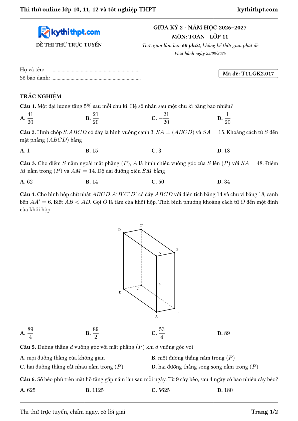 Trang đầu Đề thi thử online giữa kỳ 2 môn Toán lớp 11 - trắc nghiệm + đúng/sai + tự luận - đề 017