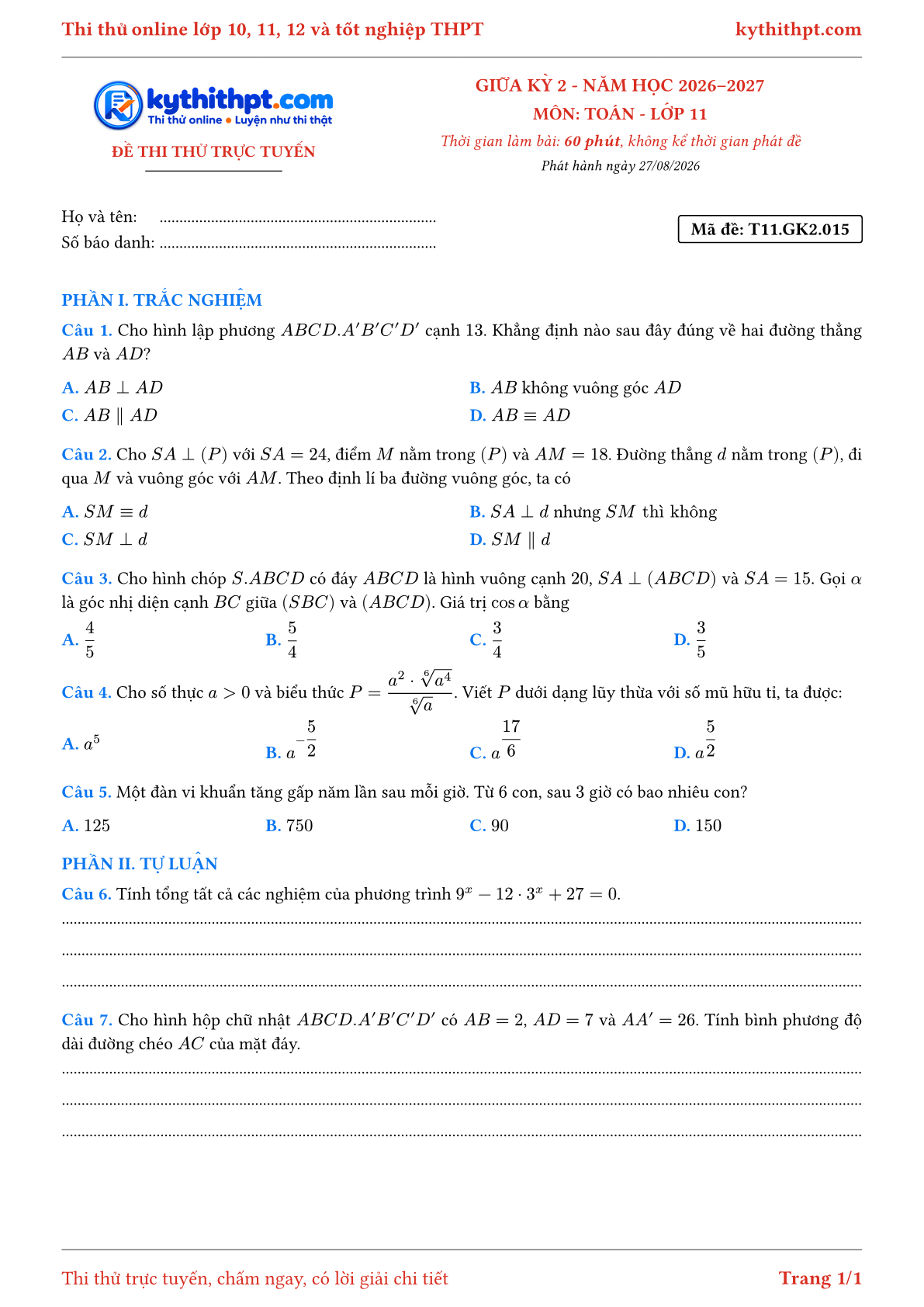 Trang đầu Đề thi thử online giữa kỳ 2 môn Toán lớp 11 - trắc nghiệm + tự luận - đề 015