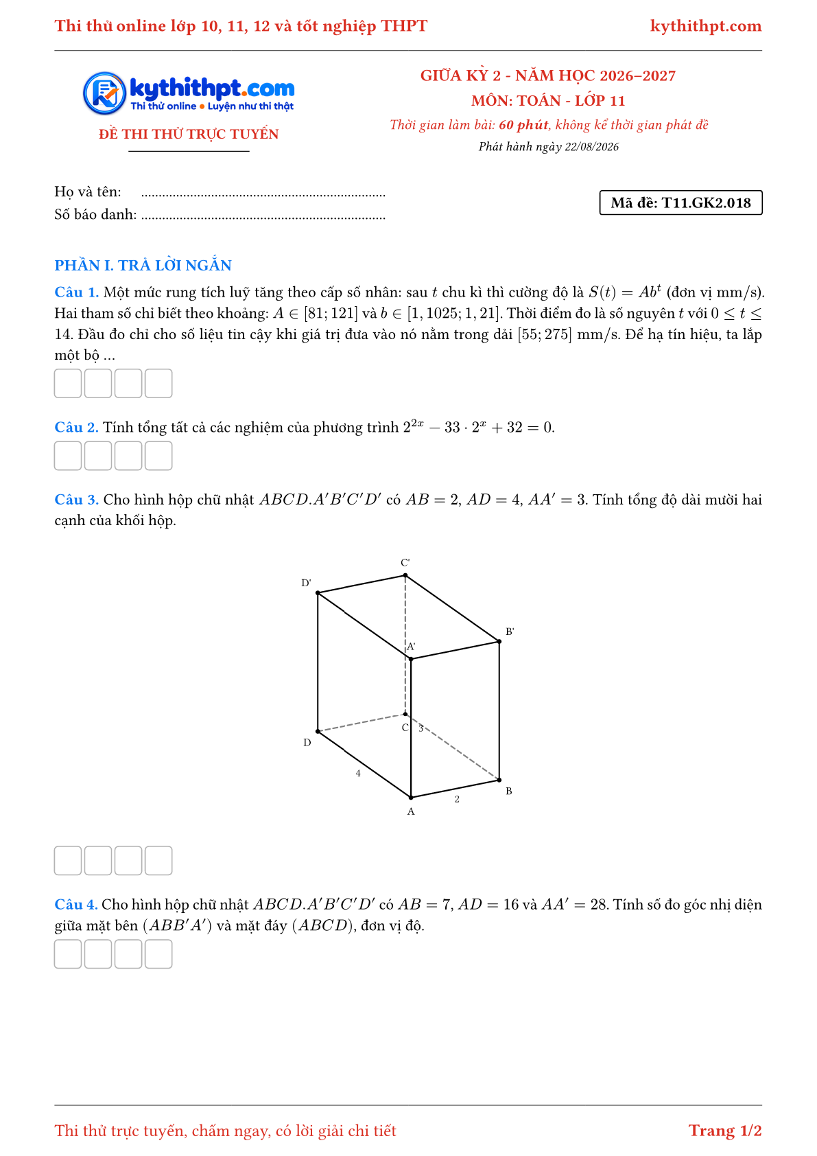 Trang đầu Đề thi thử online giữa kỳ 2 môn Toán lớp 11 - trả lời ngắn + tự luận - đề 018