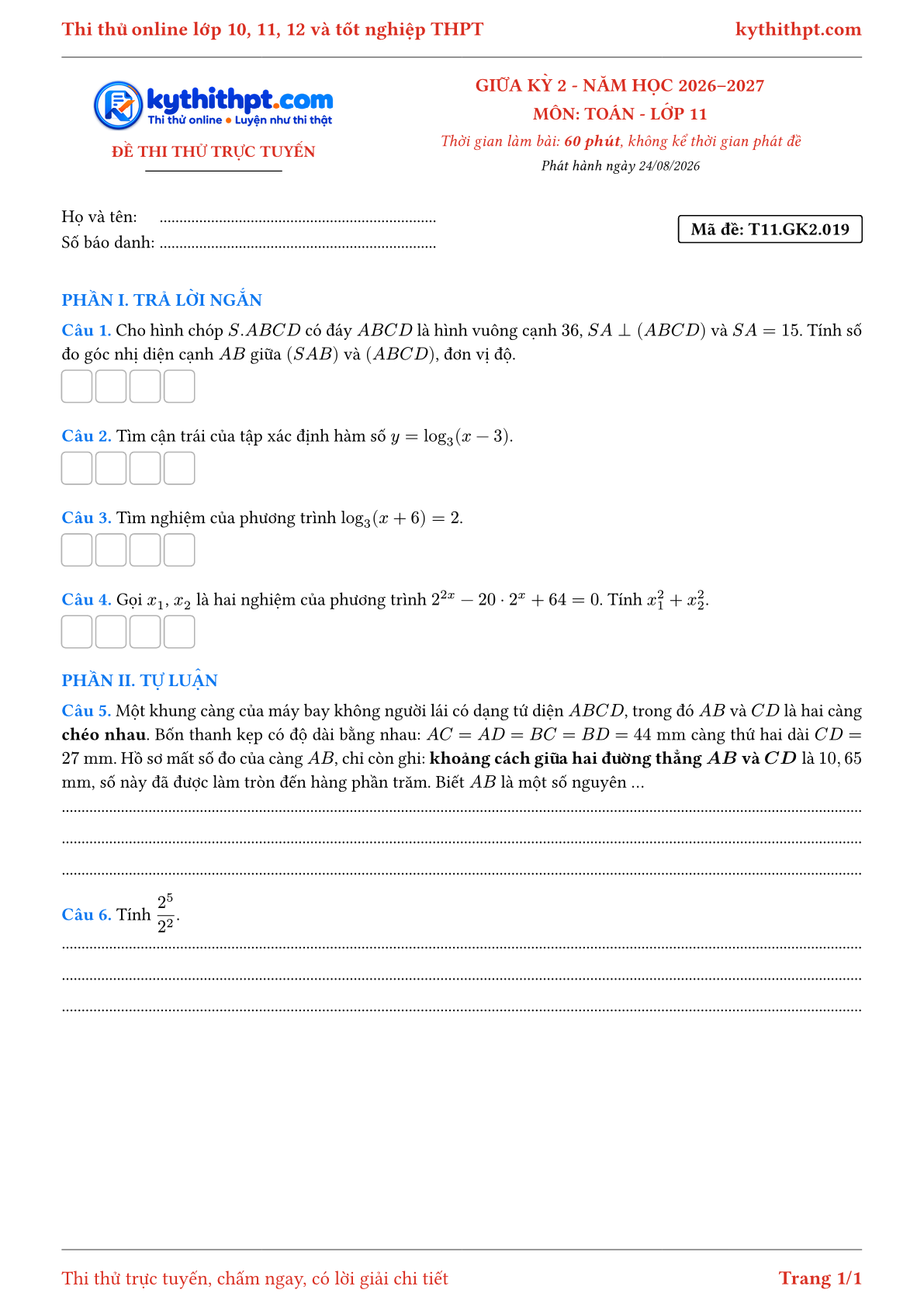 Trang đầu Đề thi thử online giữa kỳ 2 môn Toán lớp 11 - trả lời ngắn + tự luận - đề 019