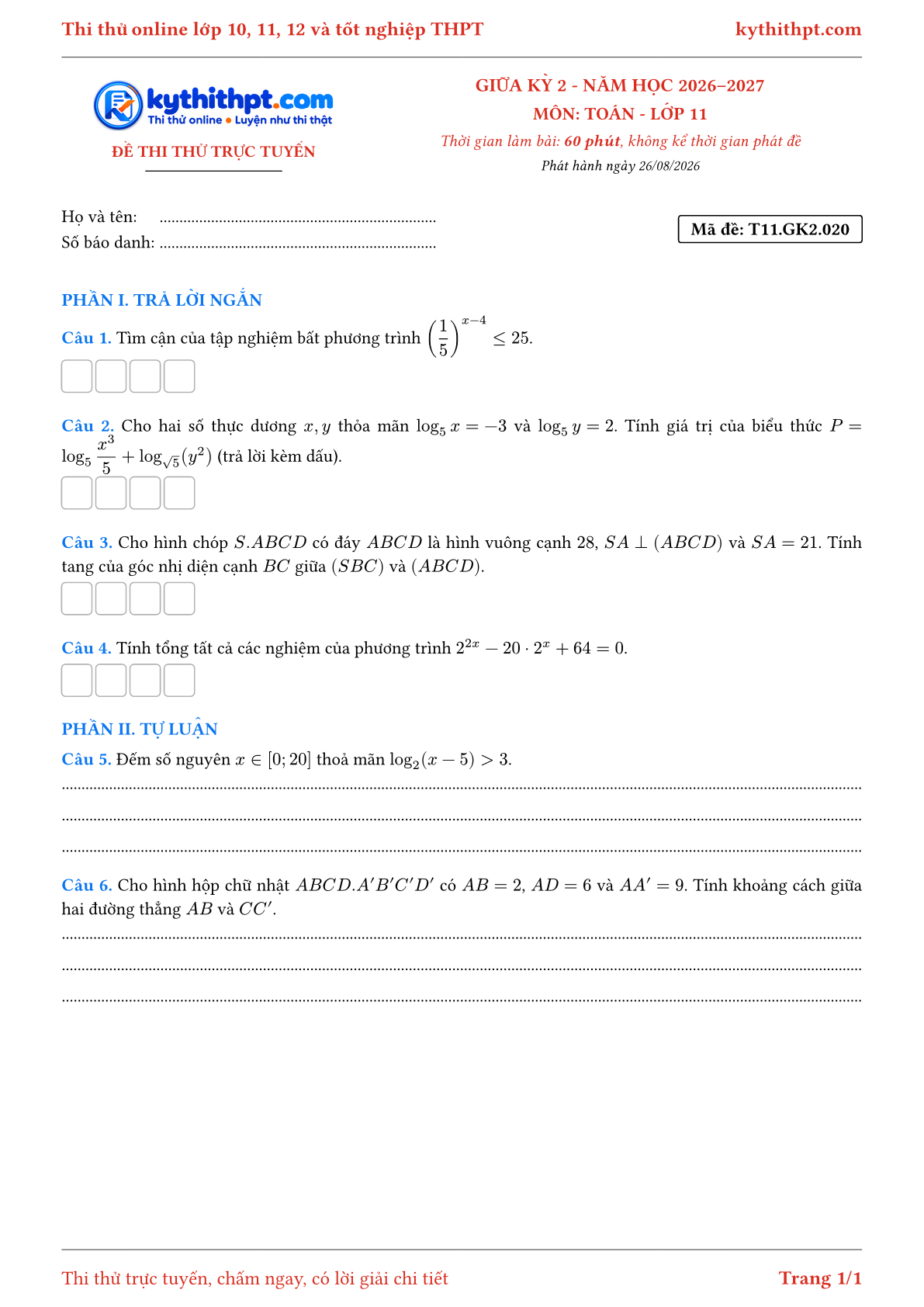 Trang đầu Đề thi thử online giữa kỳ 2 môn Toán lớp 11 - trả lời ngắn + tự luận - đề 020