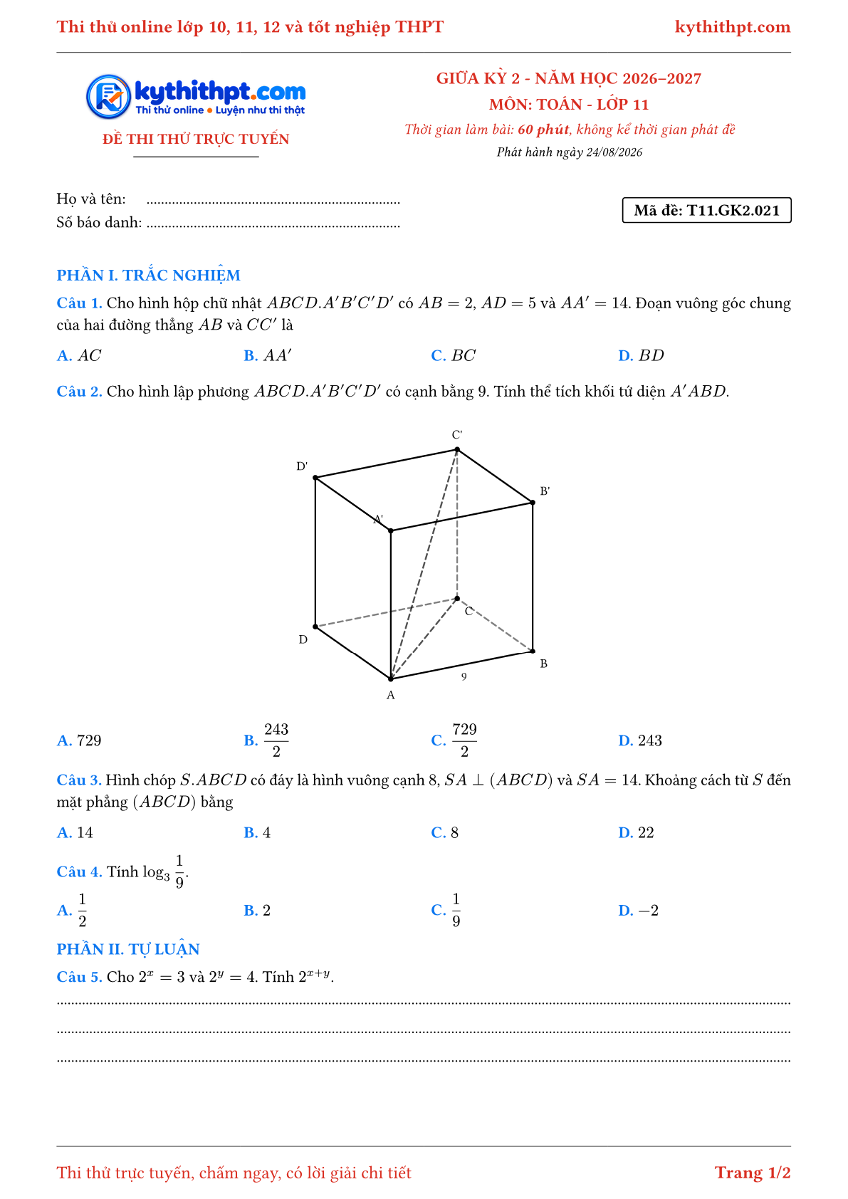 Trang đầu Đề thi thử online giữa kỳ 2 môn Toán lớp 11 - trắc nghiệm + tự luận nâng cao - đề 021