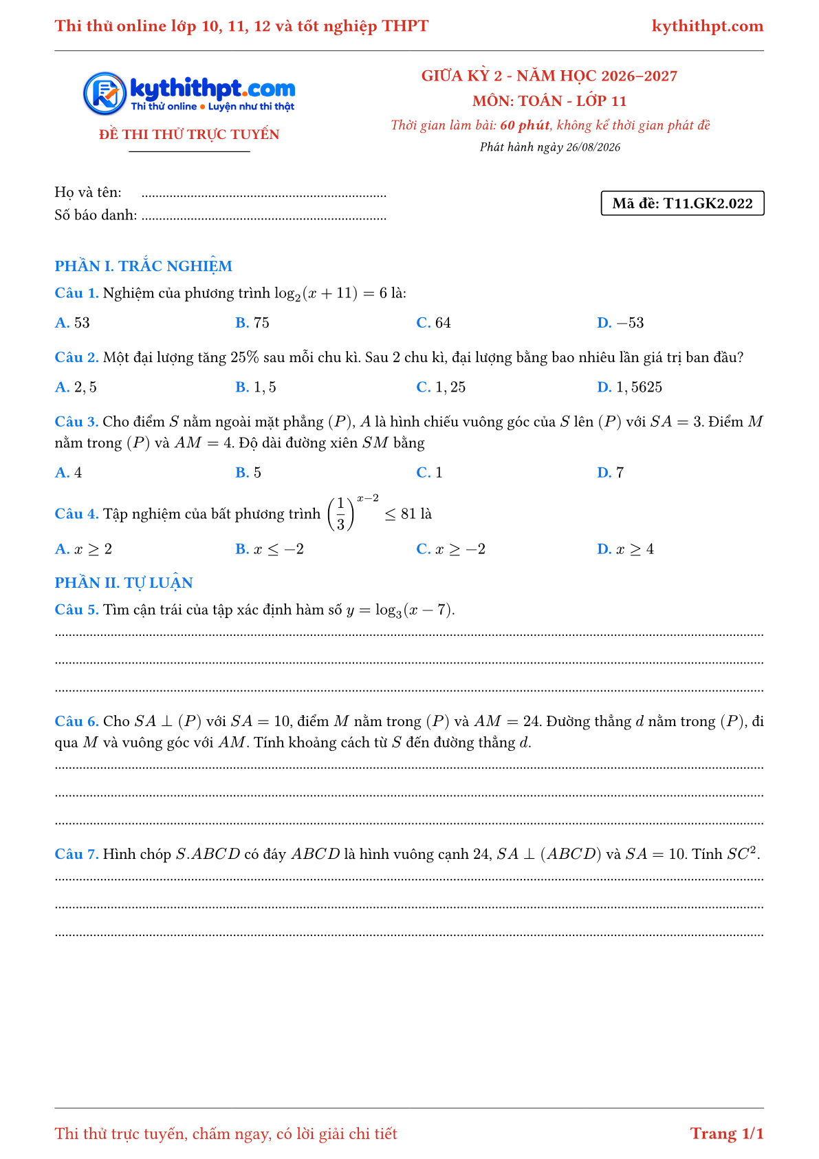 Trang đầu Đề thi thử online giữa kỳ 2 môn Toán lớp 11 - trắc nghiệm + tự luận nâng cao - đề 022